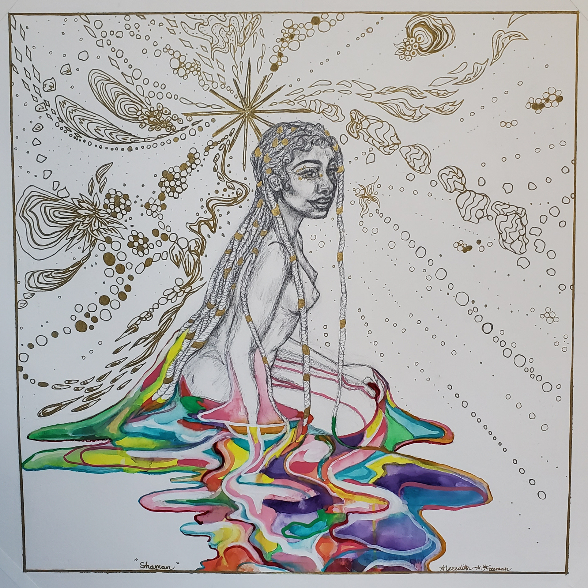 Shaman, 24"x24", graphite, Sharpie paint pen, watercolor and gouache on watercolor paper