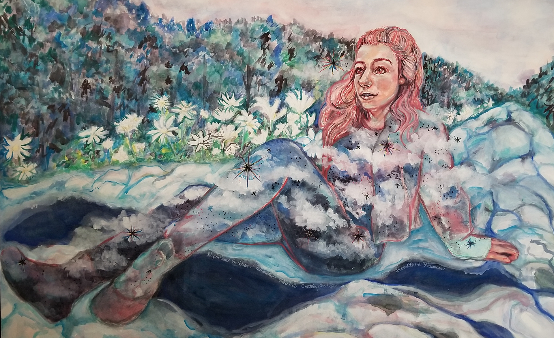 Neptunian Goddess/Prismatic Glacial Contemplator, 20" x 30", watercolor and gouache on illustration board
