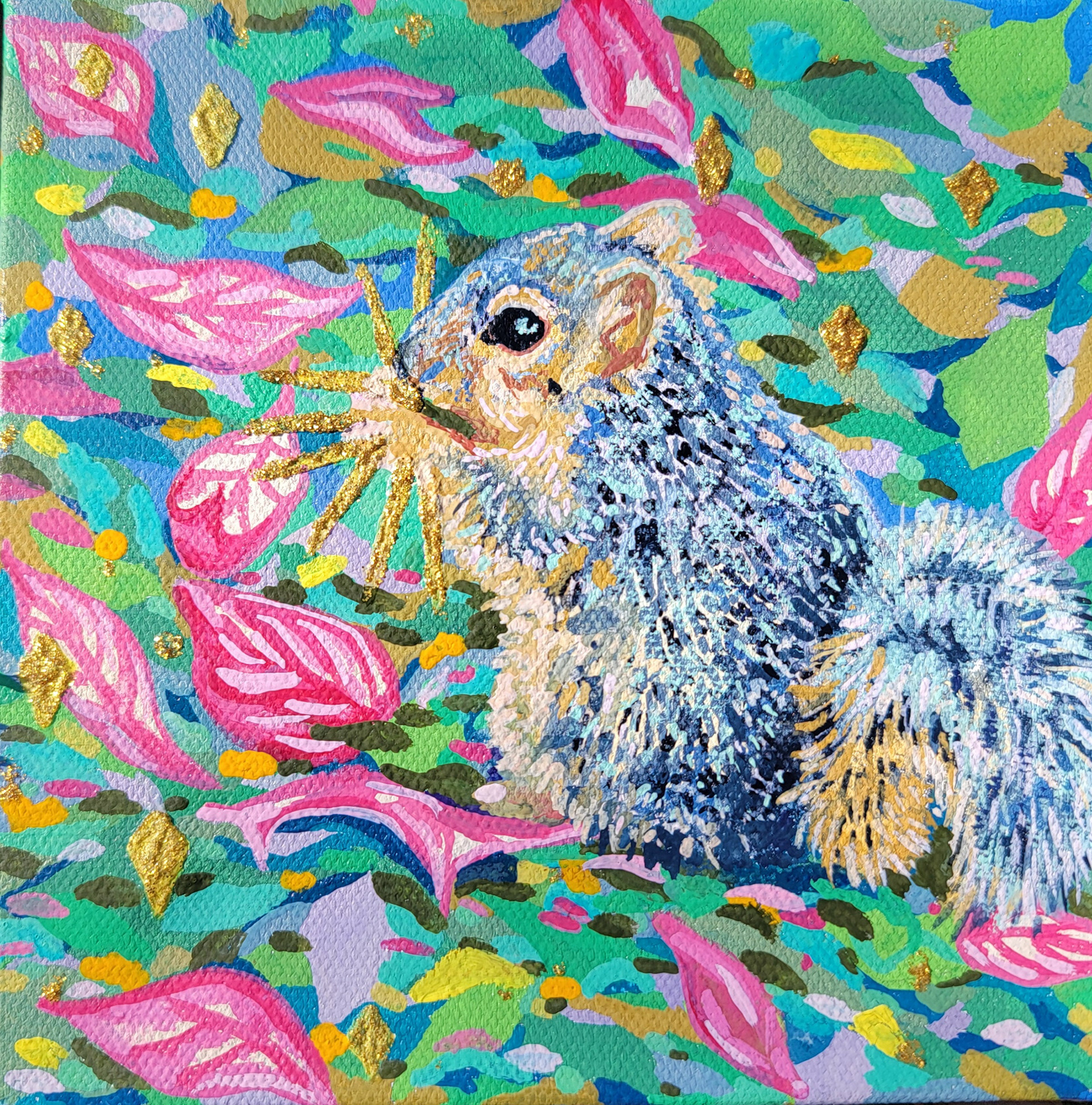 *A Sparkling Day, 6" x 6," watercolor, gouache and glitter on canvas