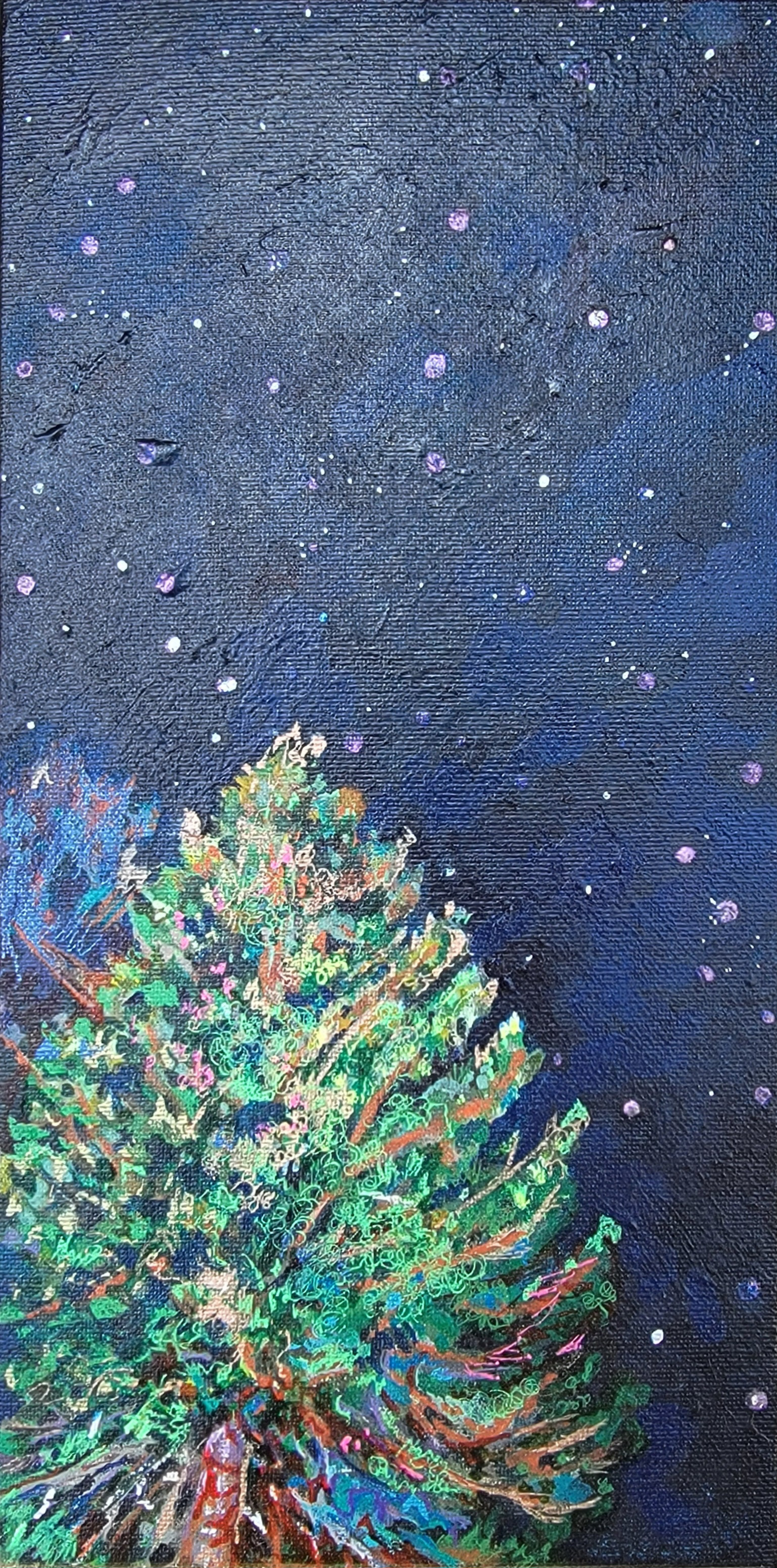 *Blue Mountain Tree Buds, 12" x 6," gouache, watercolors, acrylics and acrylics interference paints on canvas