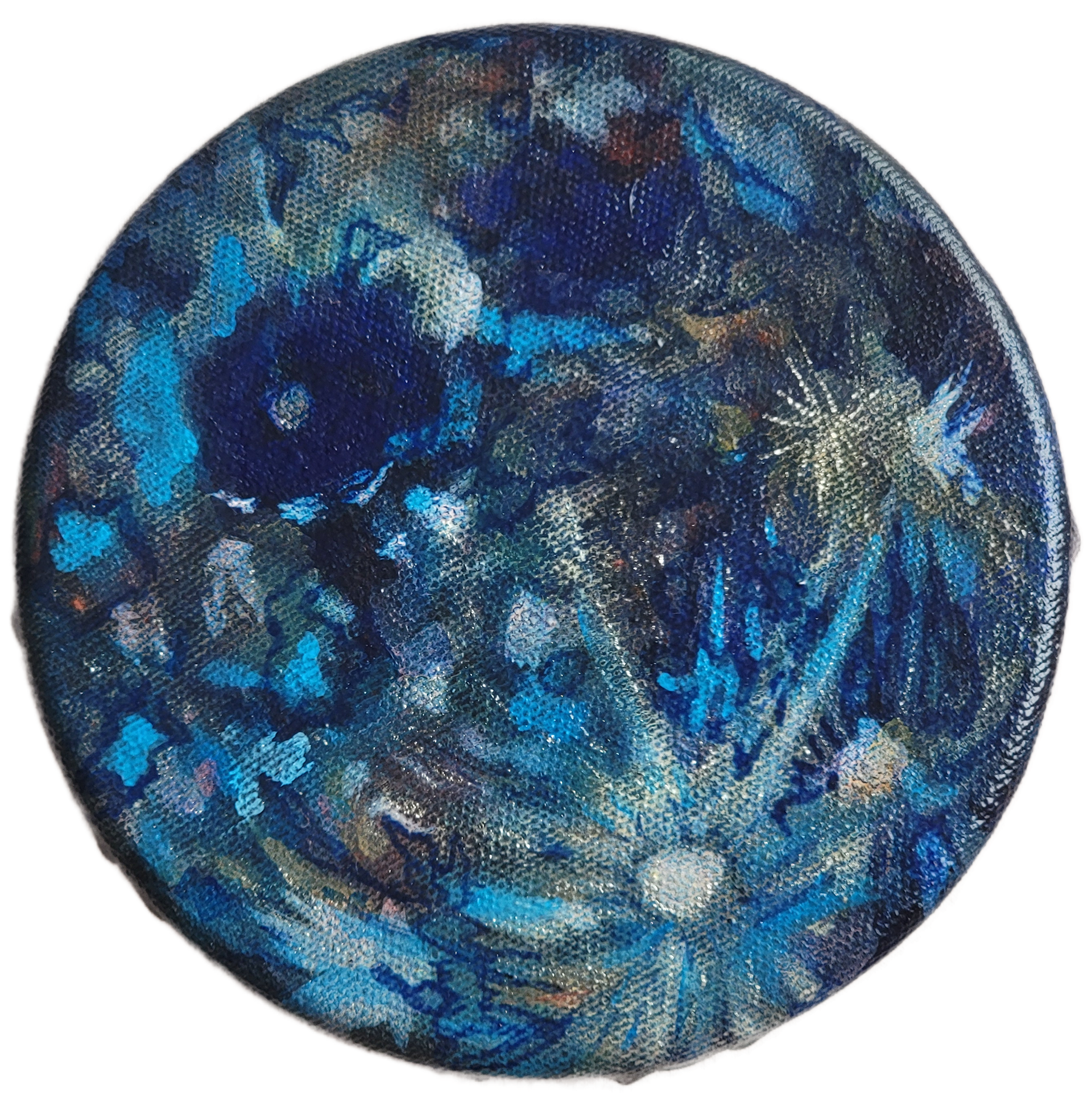 Rococo Moon, 5" tondo, acrylics and gel pen on canvas