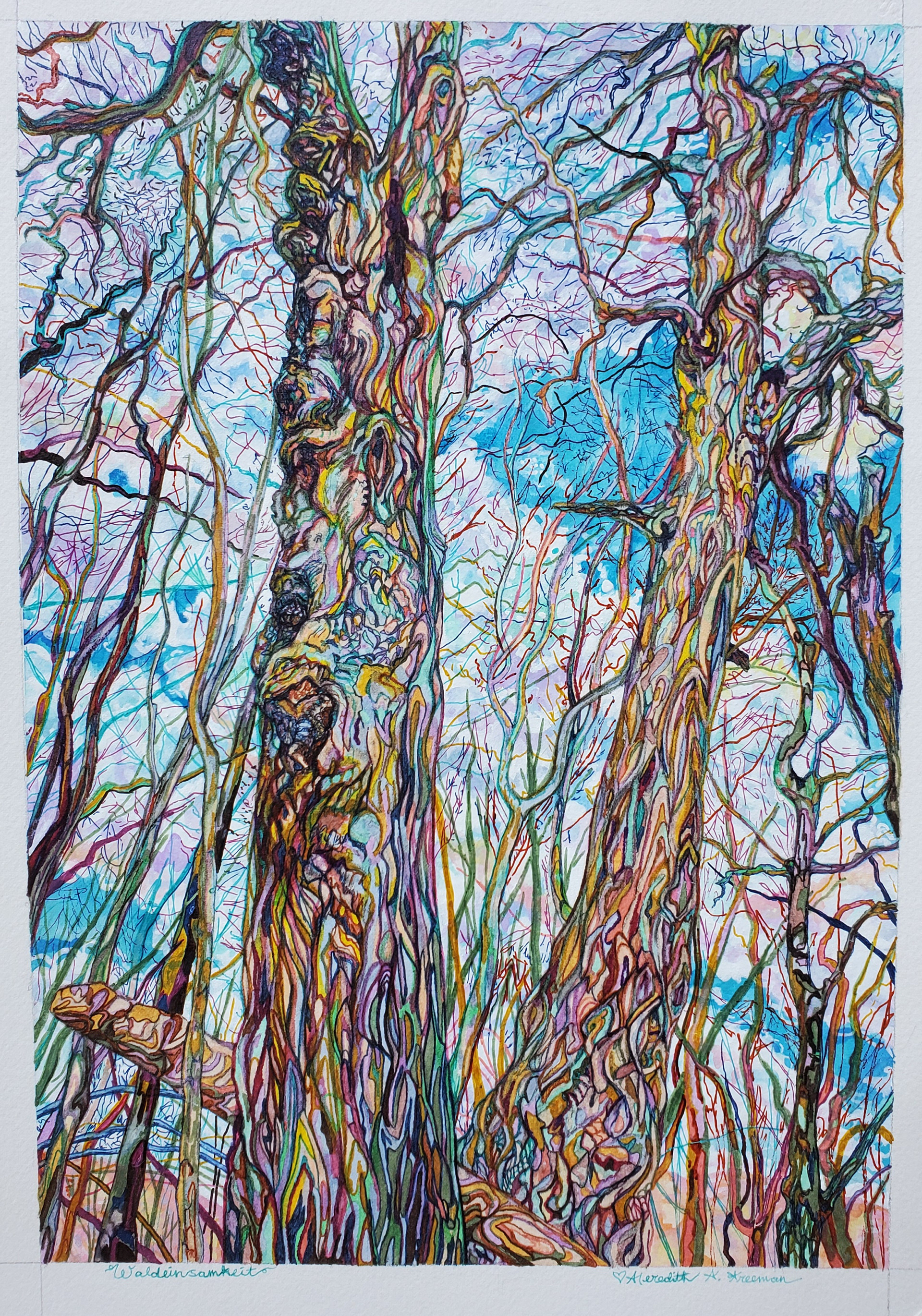 +Waldeinsamkeit, 15" x 10.5", marker, watercolor and gouache on watercolor paper