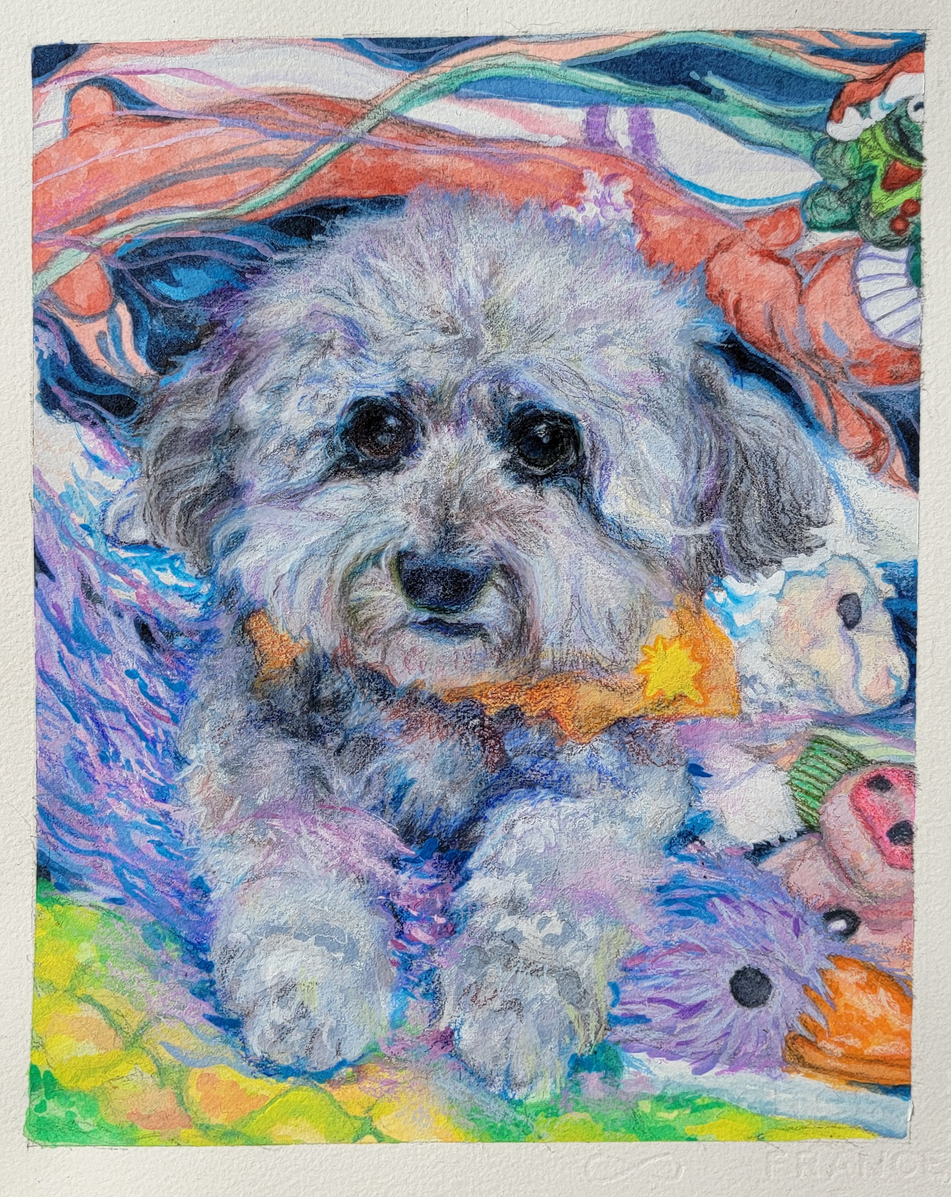 +Gracie Floof Angel, 10" x 8", gouache, watercolors, and colored pencil on watercolor paper