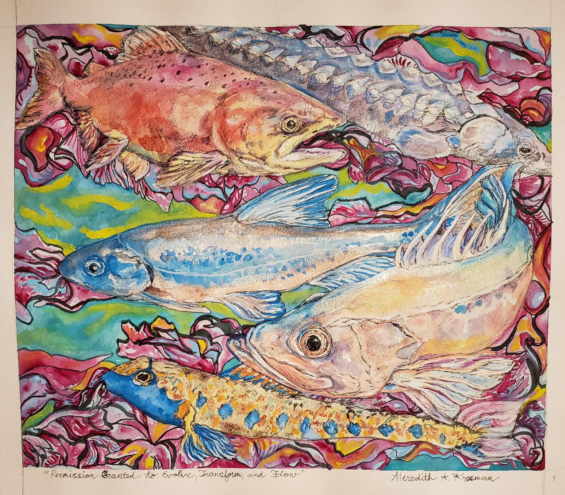 Permission Granted to Evolve, Transform, and Flow, 10" x 12", watercolor, pearlescent watercolor, gouache, and micron on watercolor paper
