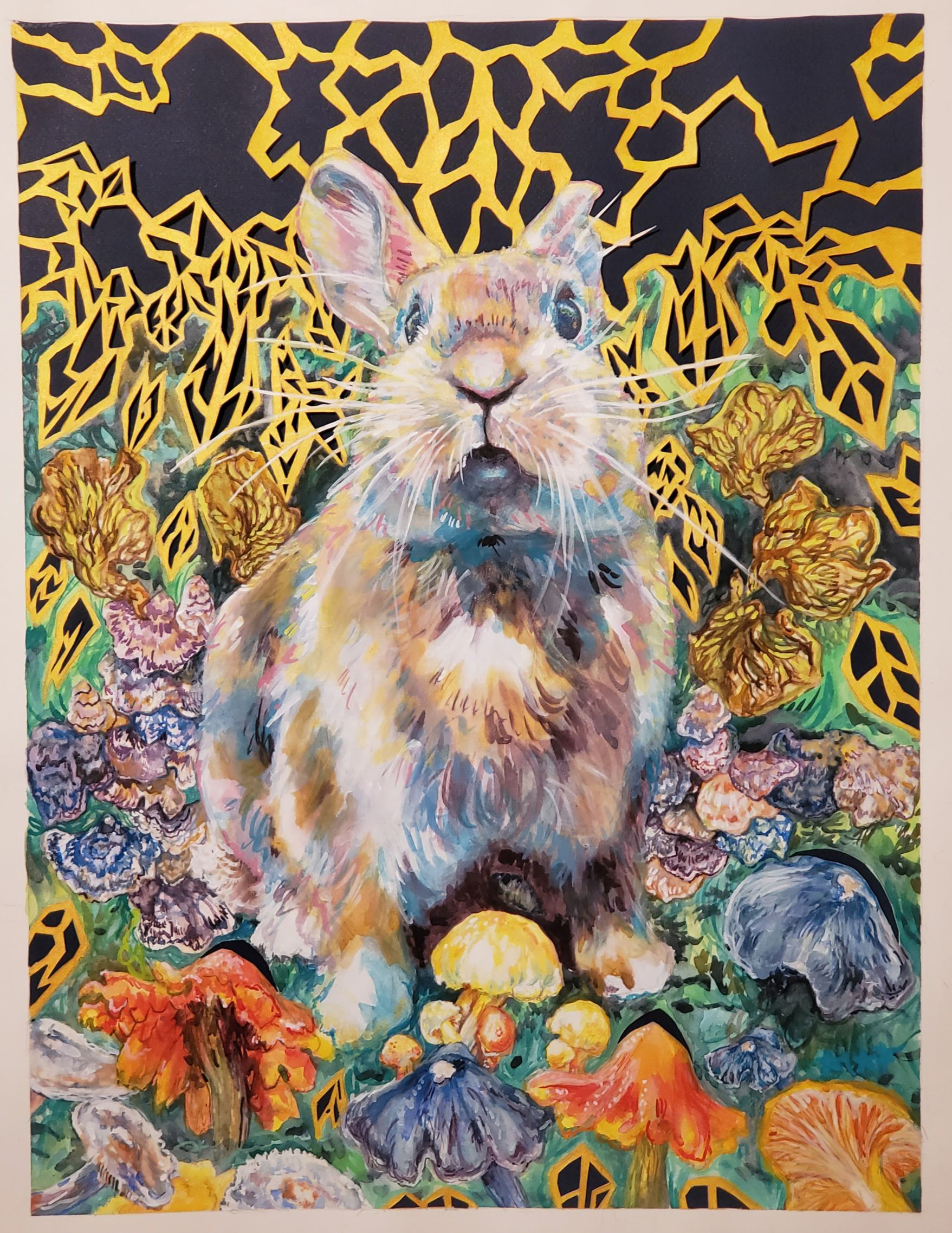 The Numinous State to Ikigai, 22" x 15", watercolor, gouache, and gold acrylic on hand-cut watercolor paper affixed to colored art paper