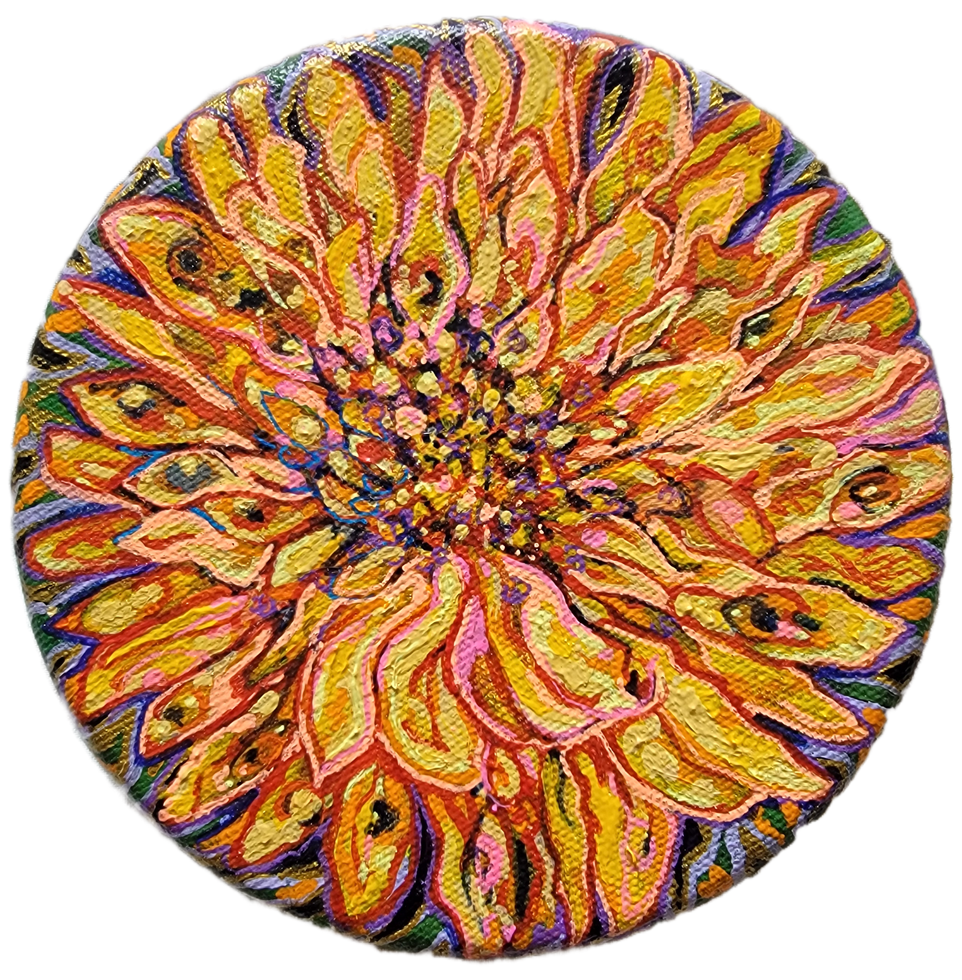 Eye Candy Dandy, 5" tondo, acrylics and gel pen on canvas