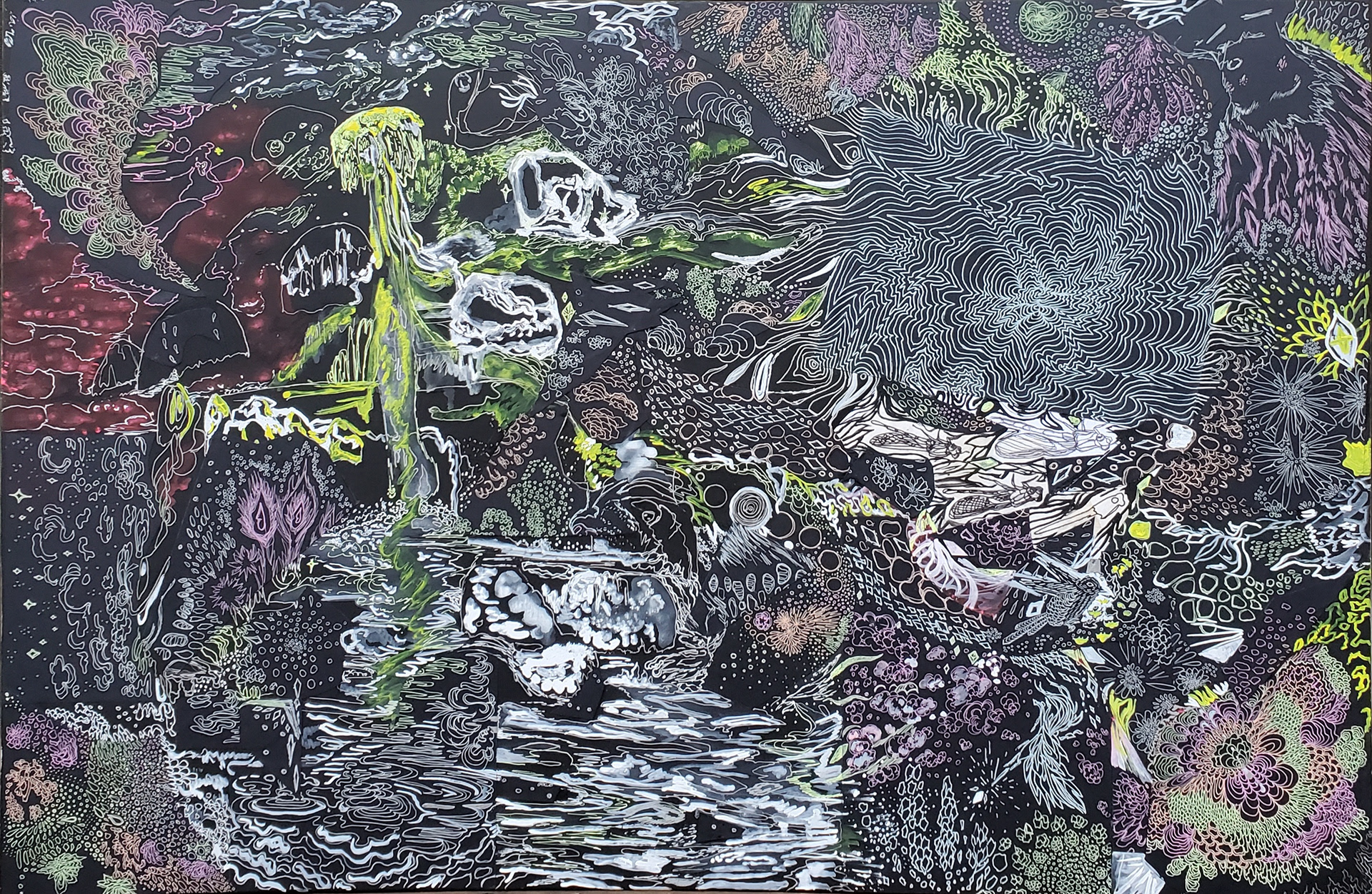 Nightshade, 24" x 36", Shinhan Poster Paint, Milky Pop gel pen, collaged drawings, and black gesso on Claybord