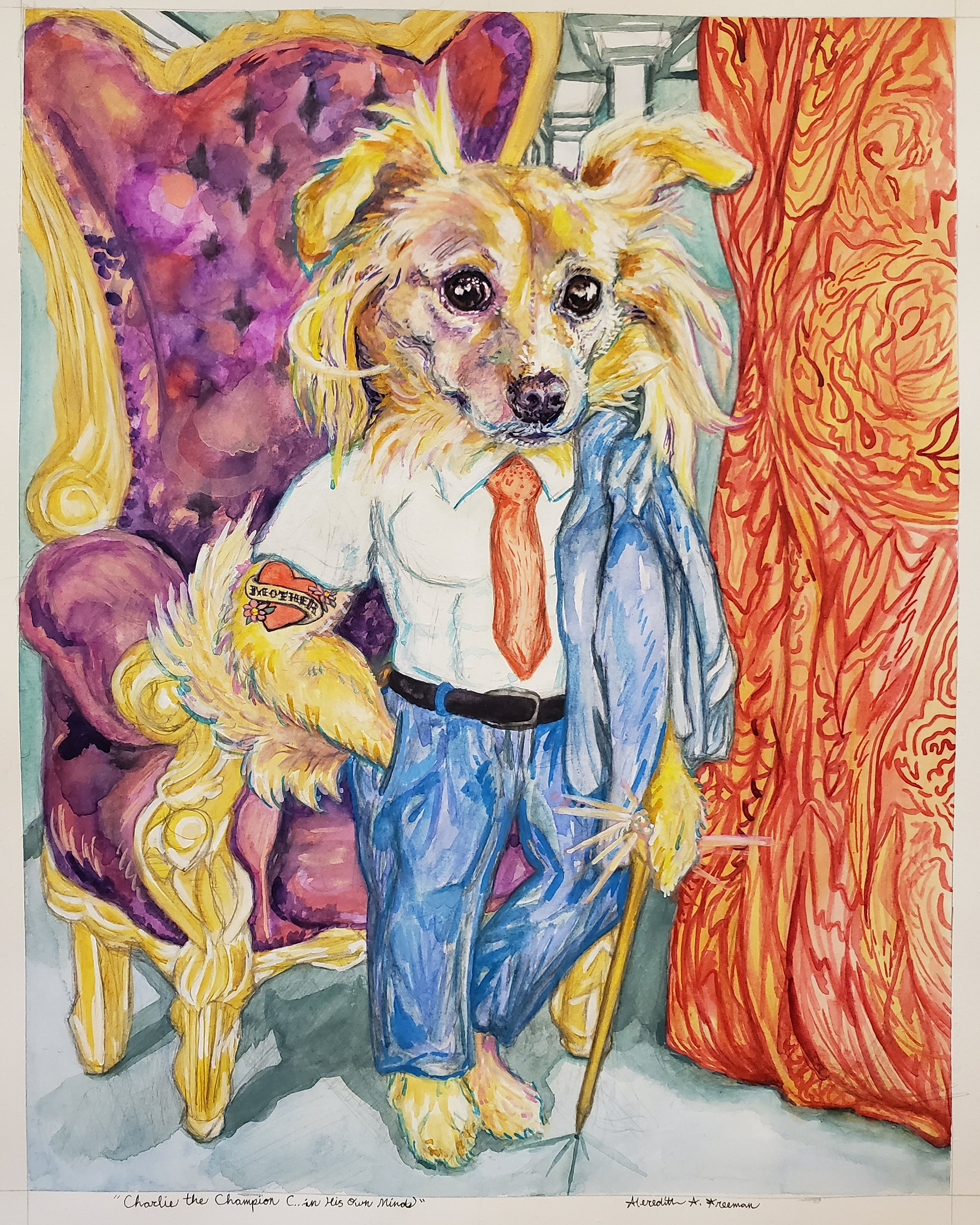 +Charlie the Champion (...in His Own Mind), 10" x 8", watercolor, gouache, and gold acrylic on watercolor paper