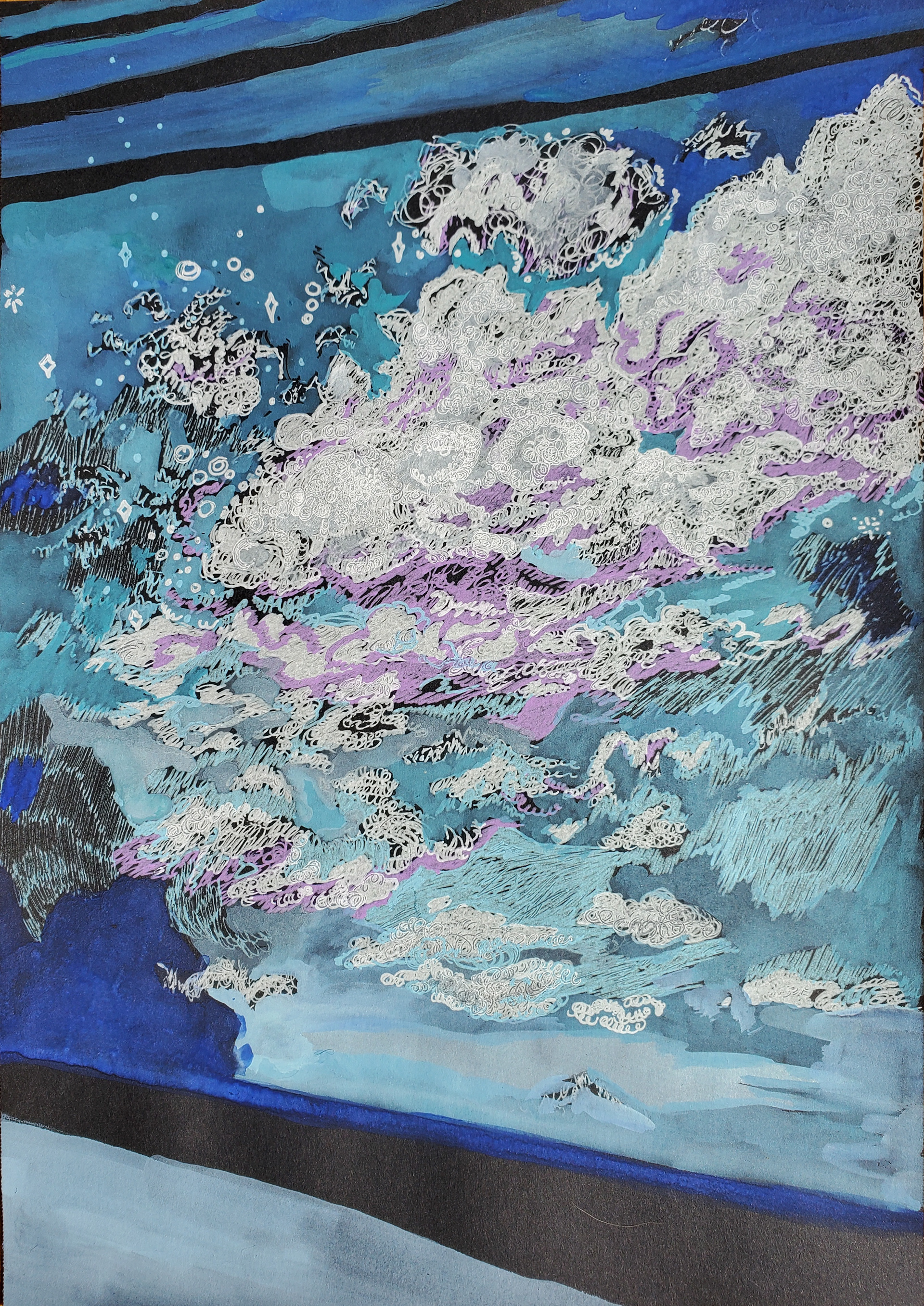 +Carpy Cumulus, 10" x 7", gel pens and gouache on Canson black drawing paper