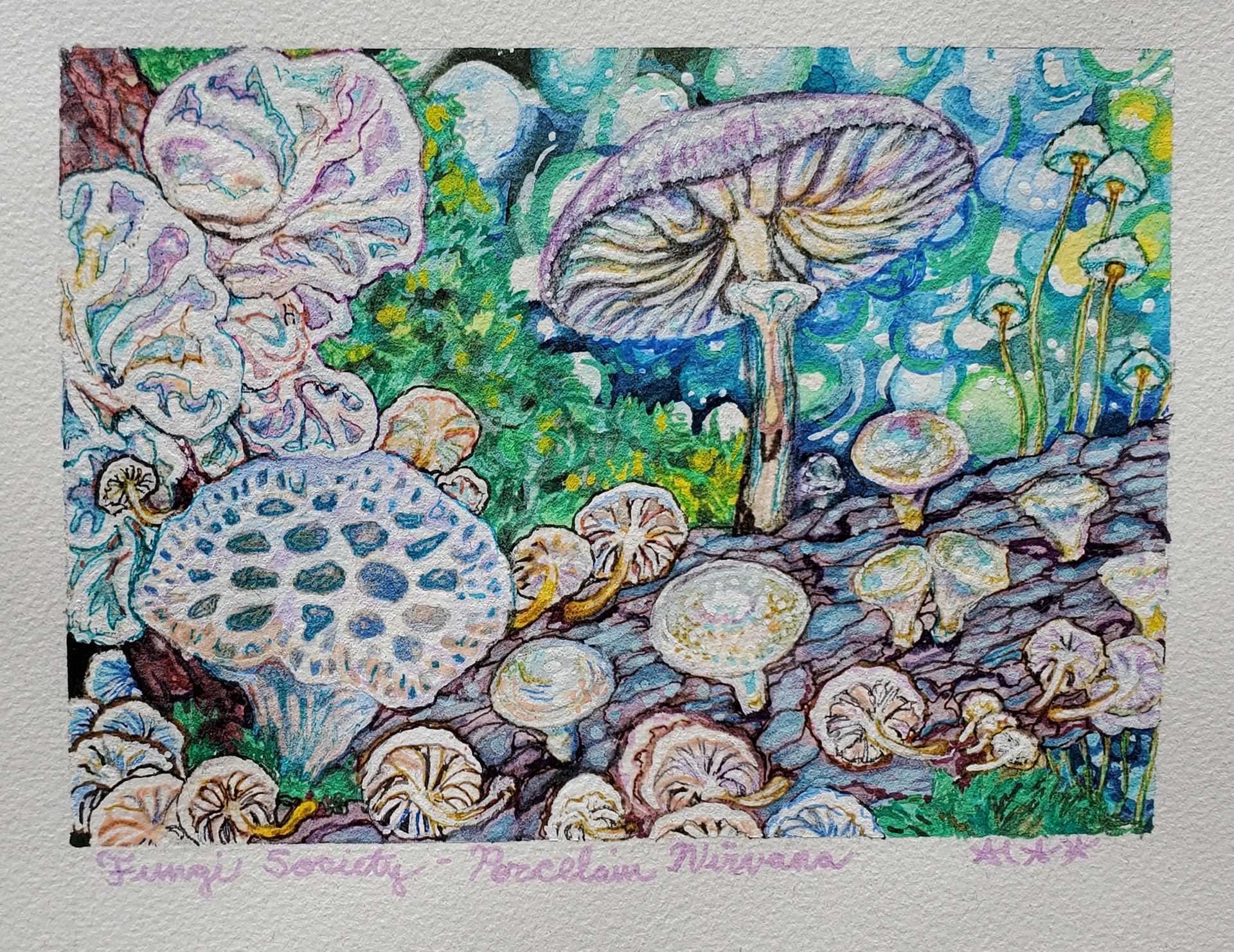 *Fungi Society-Porcelain Nirvana, 6" x 8", marker, watercolor, and gouache on watercolor paper