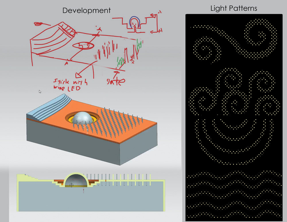 Model development by Xinyi Wang. Light show pattern designs to be seen from the elevated seating area.