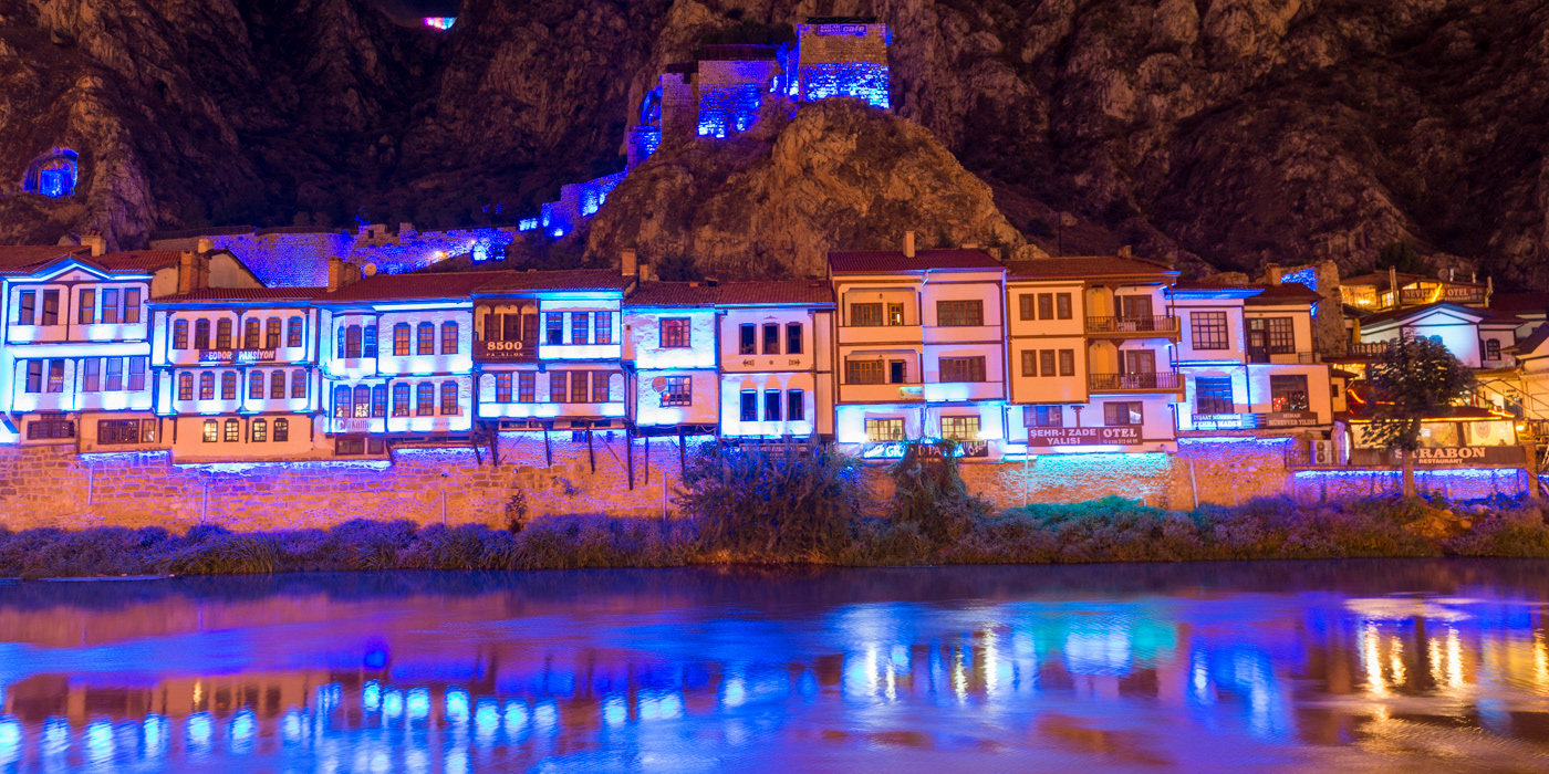 The historical cityscape called AMASYA was illuminated in blue.