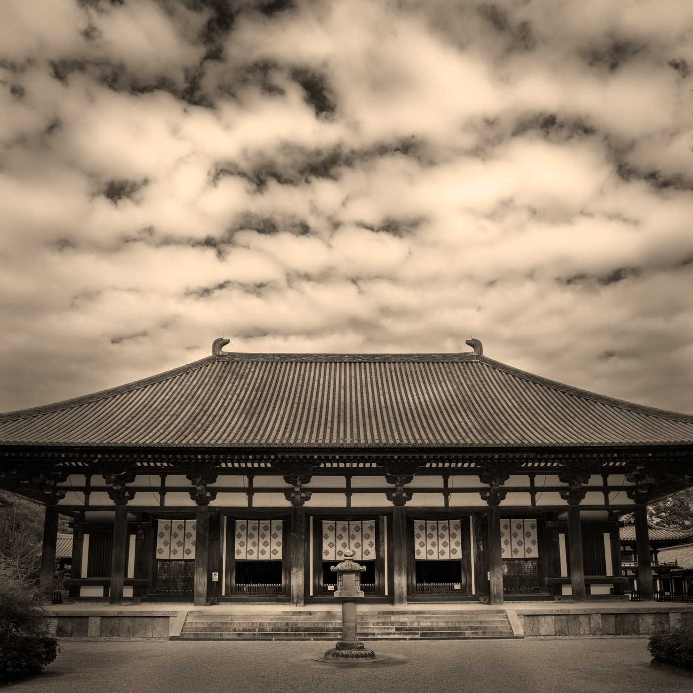 Wayou Kenchiku (和様建築), Toshodai-ji Temple (唐招提寺), Kondo (金堂) (国宝; National Treasure), Yosemune-zukuri (寄棟造) and Hongawarabuki (本瓦葺) with Shibi (鴟尾), デジタルプリントを用いたモノクロ画像の鶏卵紙作成のための作品 Albumen print, digital negative, monochrome、日本、奈良、鶏卵紙、albumen print