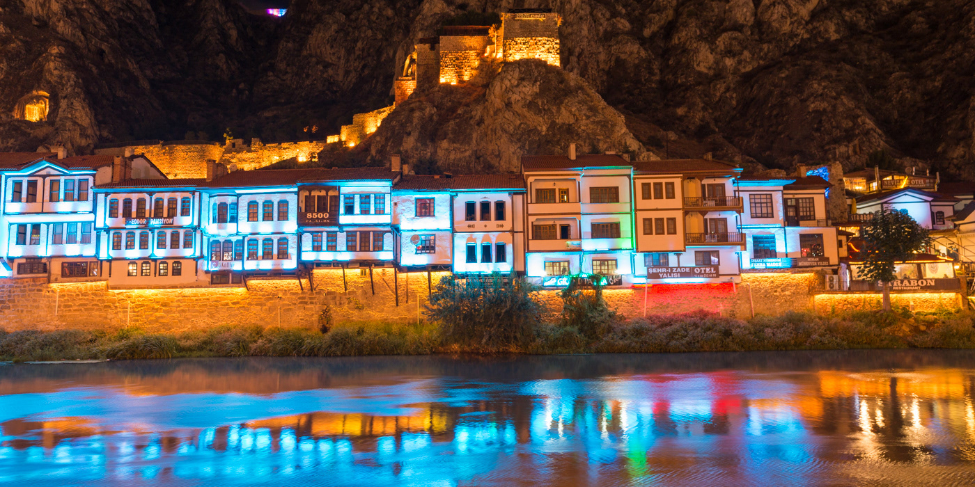 The historical cityscape called AMASYA was illuminated in colorful.