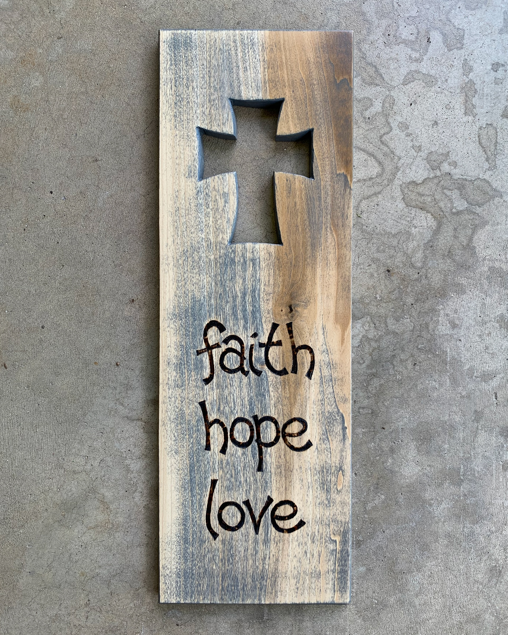 Faith, Hope, and Love Wall Plaque - weathered gray (approximately 16” tall) $45