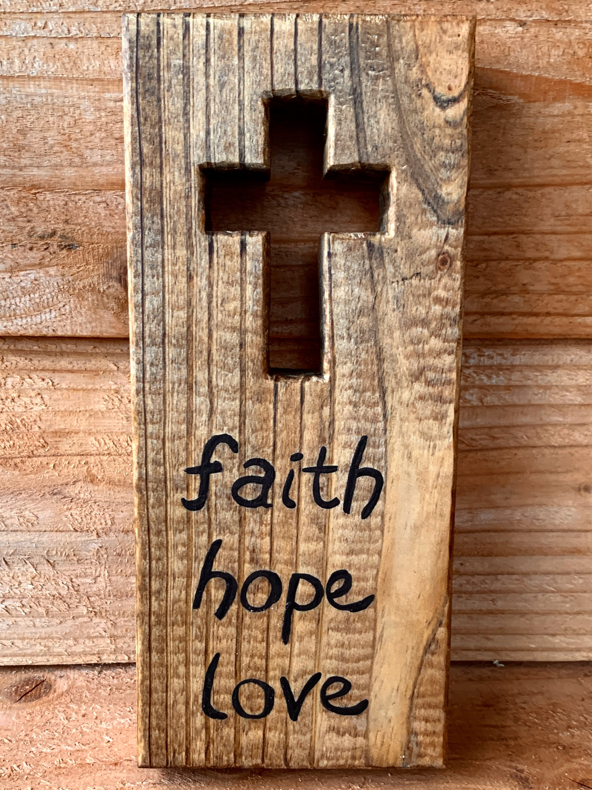 Faith, Hope, and Love Wall Plaque - natural (approximately 10” tall) $35