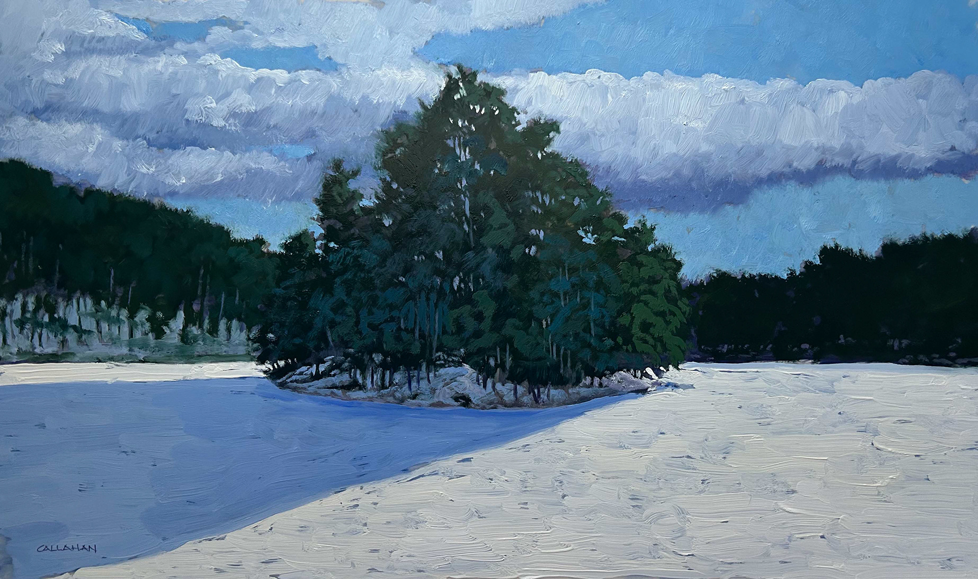 Island on Frozen Lake in NH 24x14 Oil on Mylar 