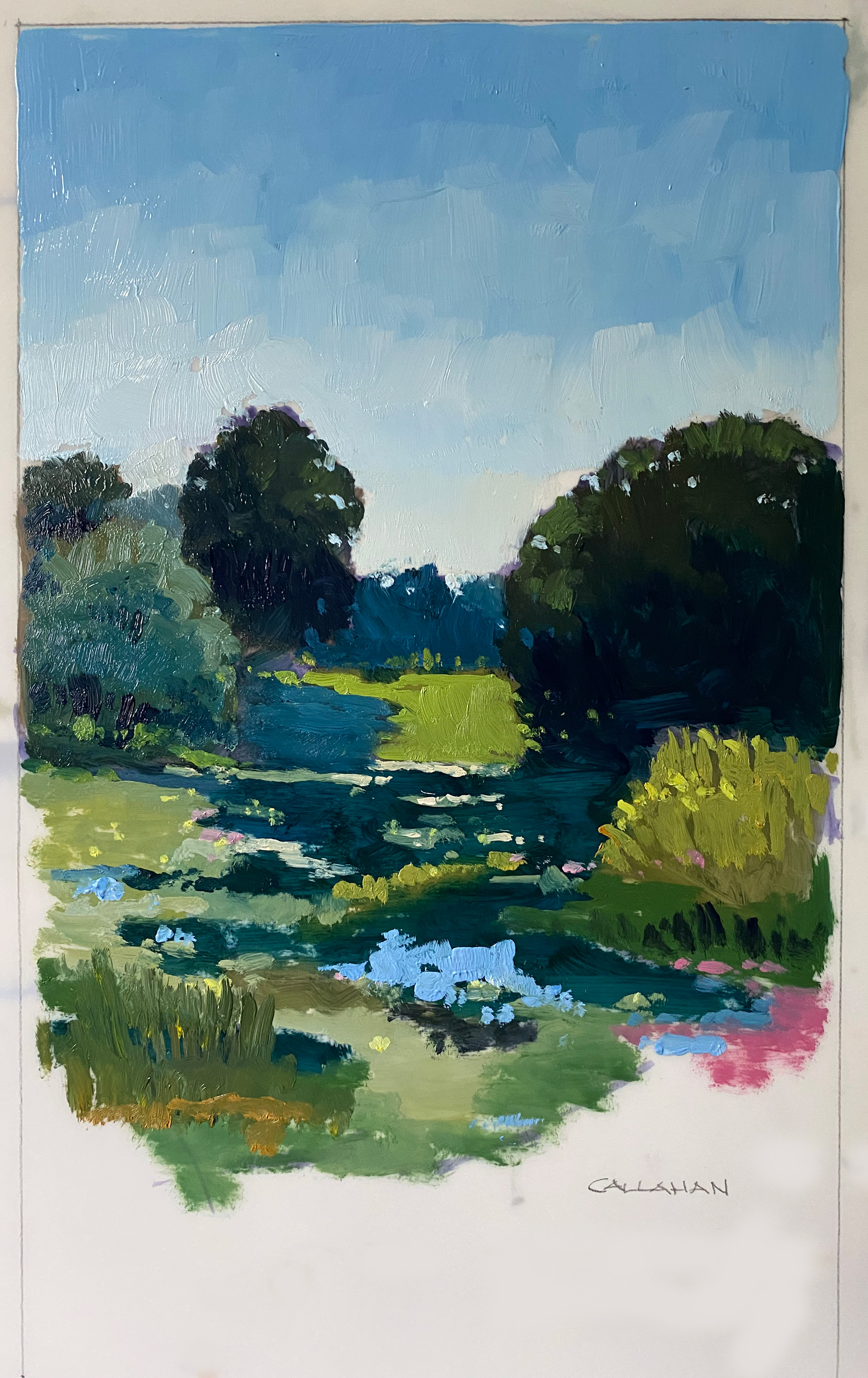 SOLD Summer Pond 8 x 16 oil on Mylar