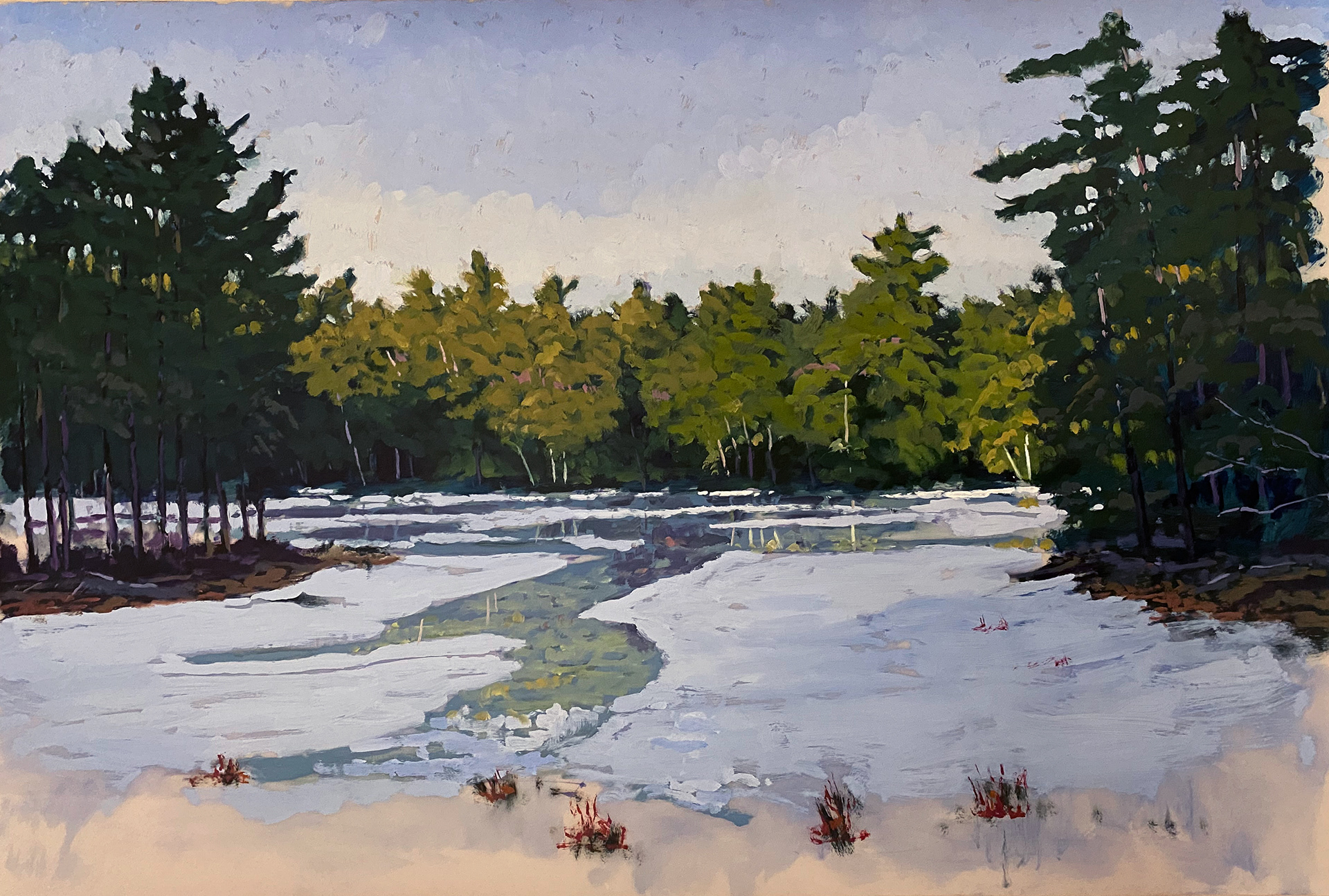 SOLD Boutwell Pond 3, 36 x 24 oil on Mylar