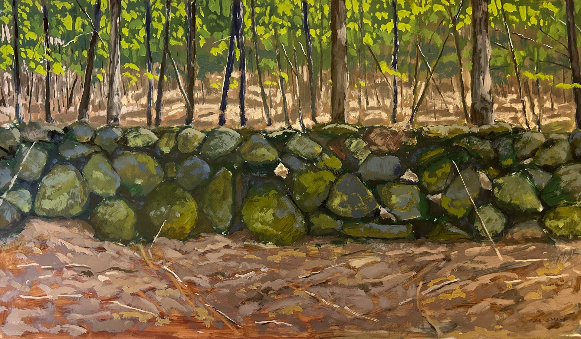 Green Mossy Wall Hawthorne Trail 24x14 Oil on Mylar 