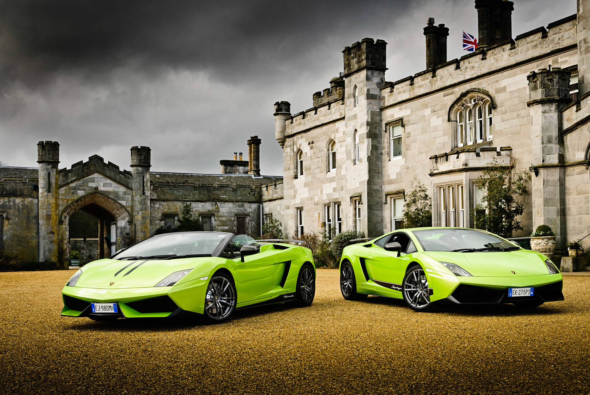 Lamborghini Superleggera LP570-4 Coupe and a Lamborghini Superleggera Performante LP570-4 Convertible, shown here outside Dundas Castle, South Queensferry.