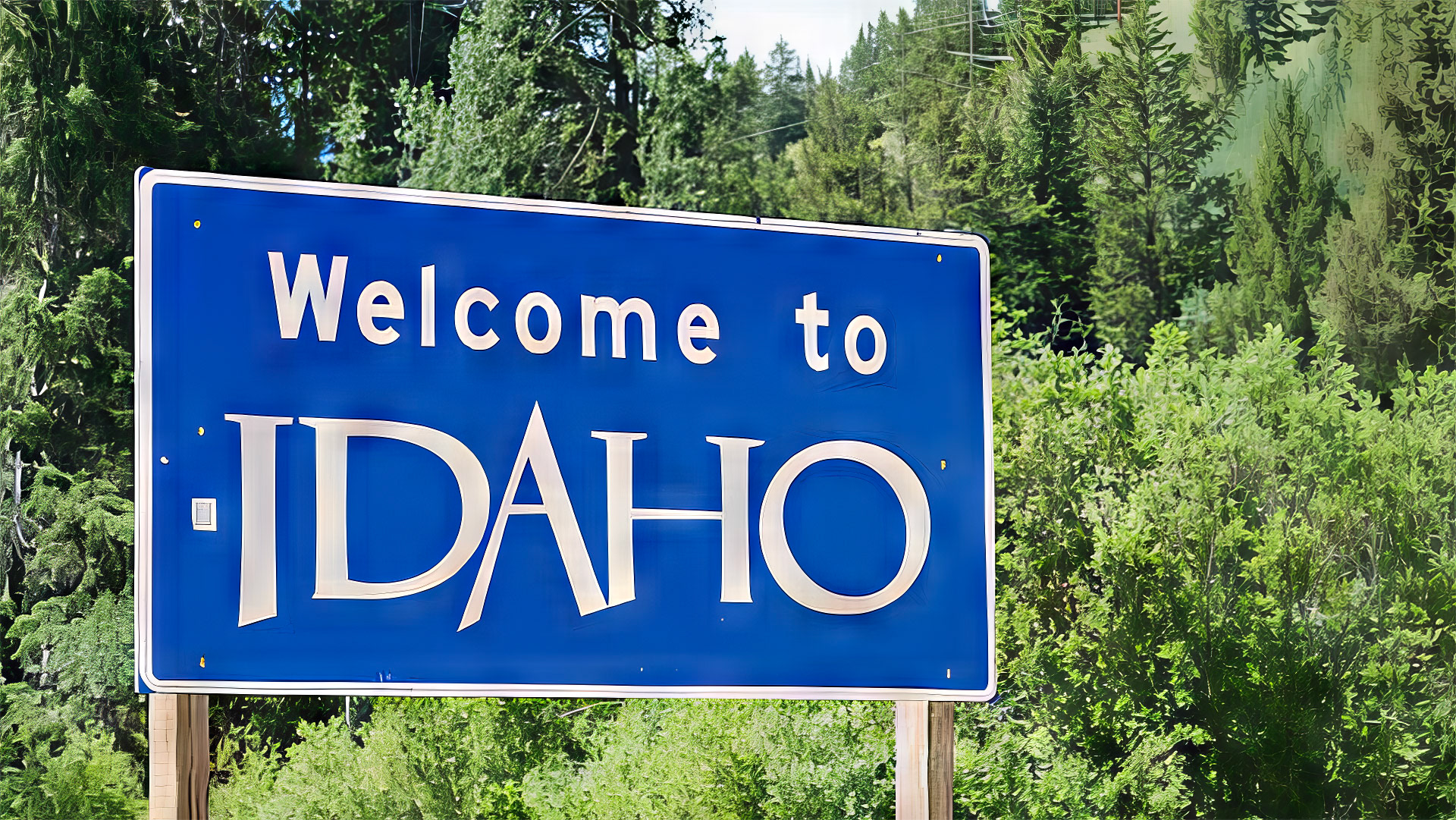 This is a horizontal, color photograph of the blue, Welcome to Idaho sign at the state line crossing over from Wyoming. Green trees fill the mountains in the background.