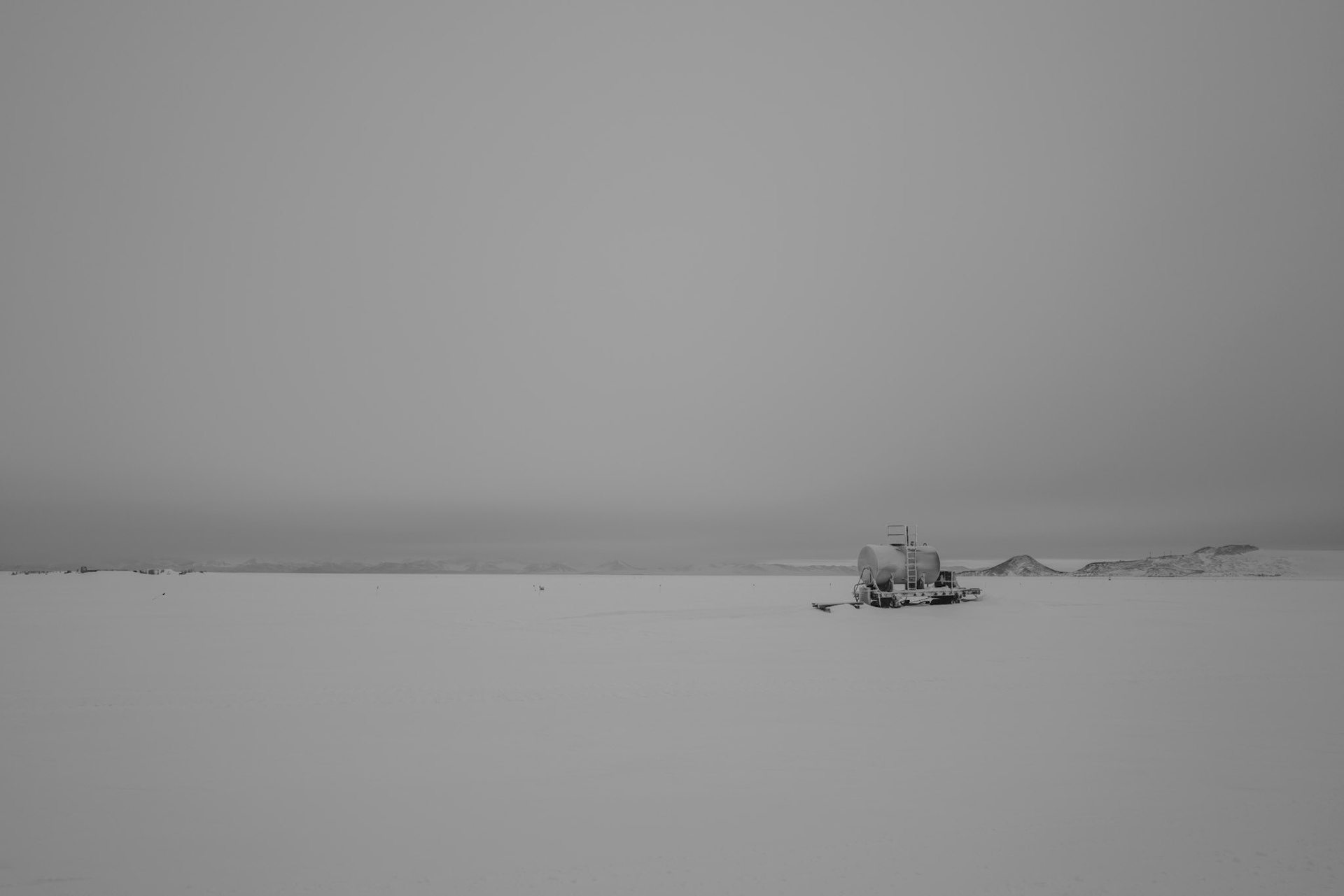 A tank on skis out on the ice at Willy Field in Antarctica.