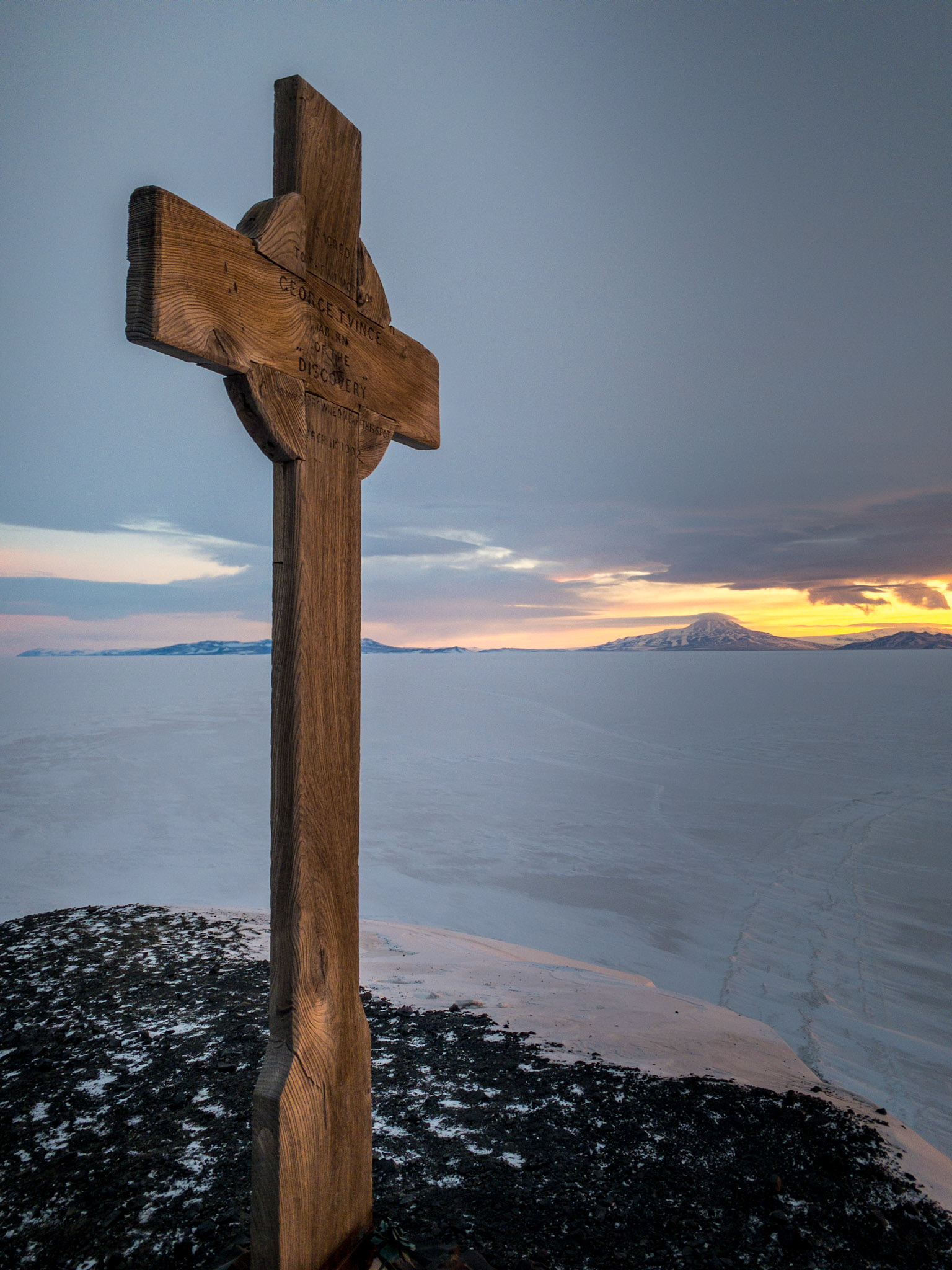 "We have felt that our last act before leaving the region which has been our home for so long should be one of homage to the shipmate who sacrificed his life to our work. We have had a large wooden cross prepared for some time; it bears a simple carved inscription to the memory of poor Vince, and yesterday it was erected on the summit of Hut Point, so firmly that I think in this undecaying climate it will stand for centuries."  Robert Falcon Scott, February 16th, 1904