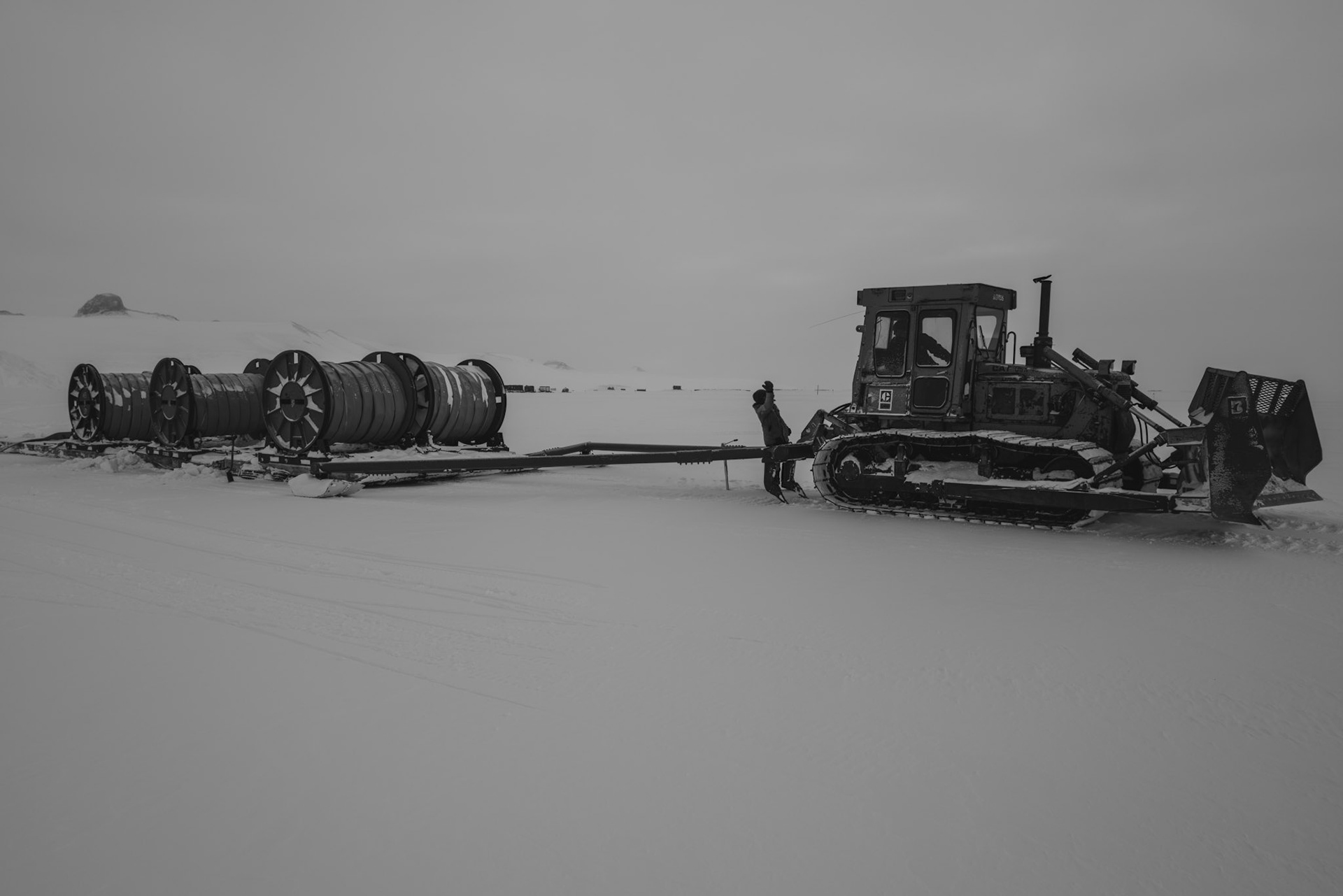 6 spools of hose ready to be laid on the ice shelf and out to Williams Field