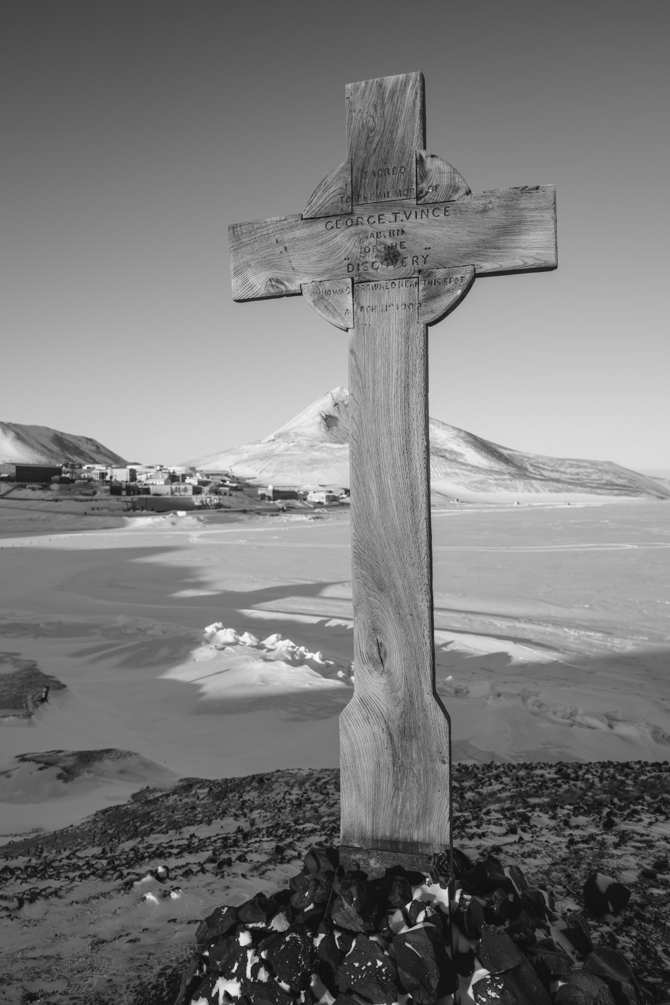 "We have felt that our last act before leaving the region which has been our home for so long should be one of homage to the shipmate who sacrificed his life to our work. We have had a large wooden cross prepared for some time; it bears a simple carved inscription to the memory of poor Vince, and yesterday it was erected on the summit of Hut Point, so firmly that I think in this undecaying climate it will stand for centuries."  Robert Falcon Scott, February 16th, 1904