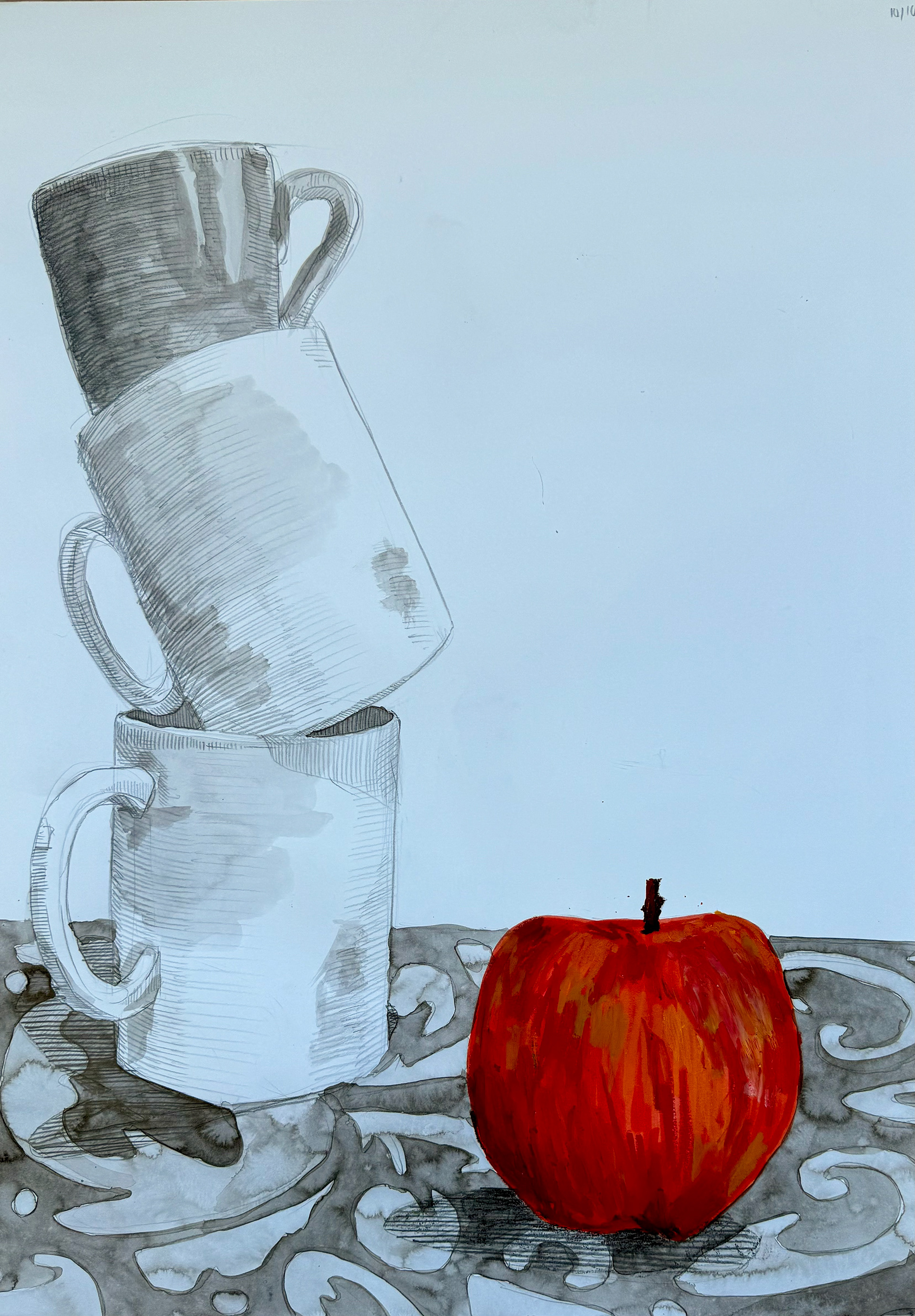 watered down Indian ink, graphite, markers and oil pastels on paper, 42 x 59.4 cm