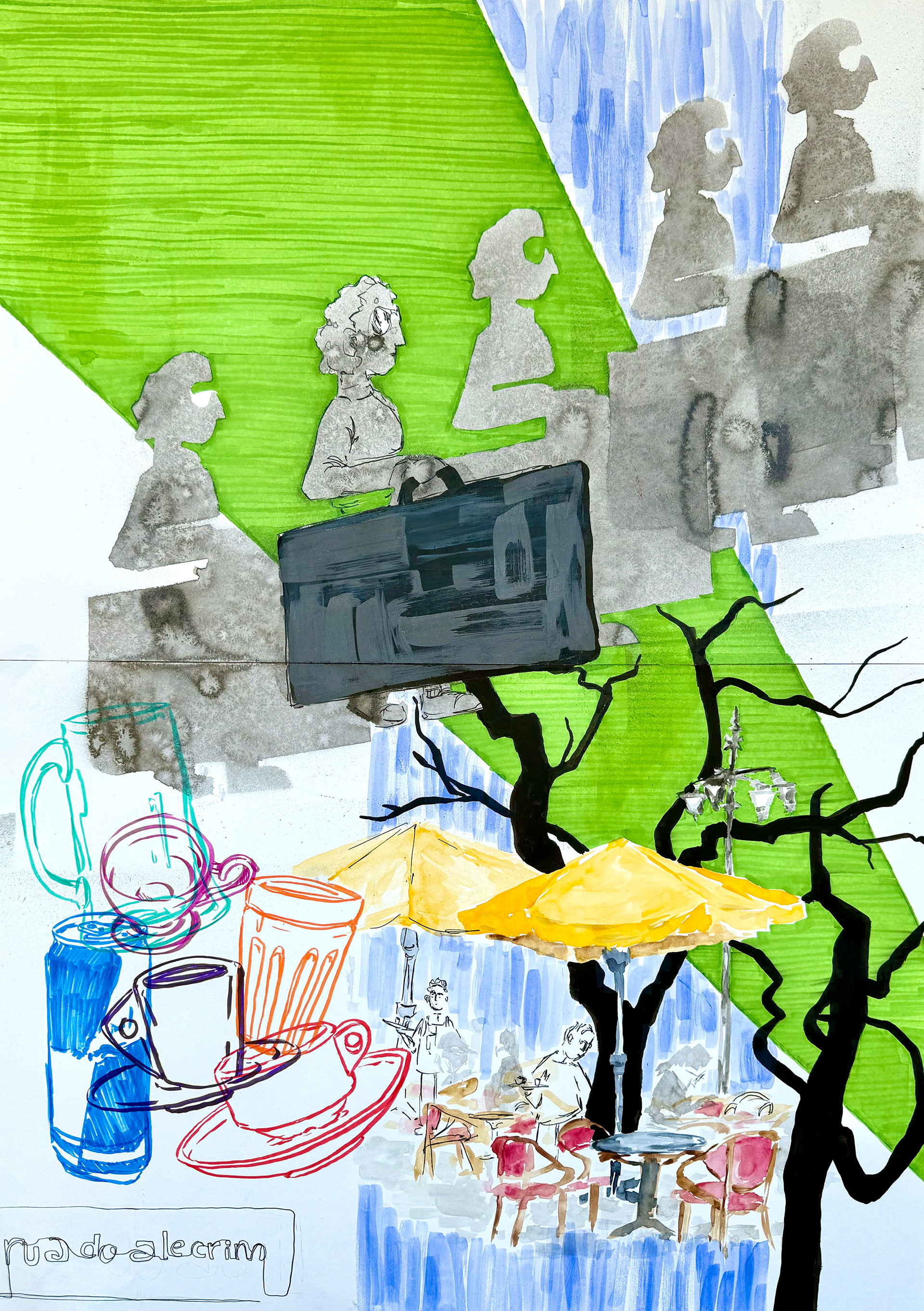 watercolours, Indian ink, stencil and markers on paper, 84.1 x 59.4 cm