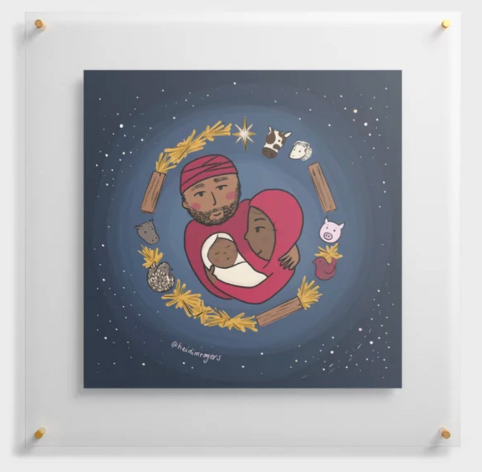 Nativity art with an illustrated wreath and stars