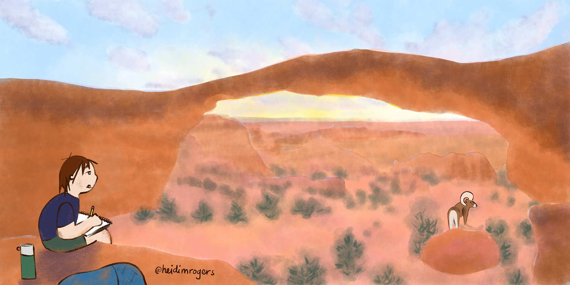 Full spread illustration of Landscape Arch from Arches National Park for a picture book.