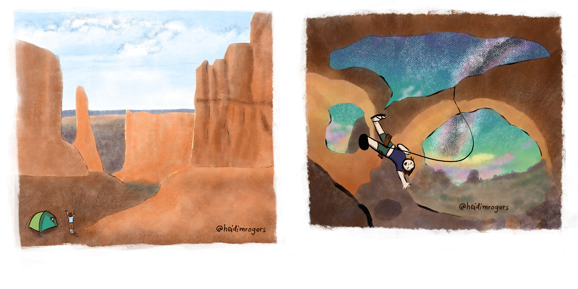Two stand-alone illustrations of Park Avenue and Double Arch from Arches National Park for a picture book.