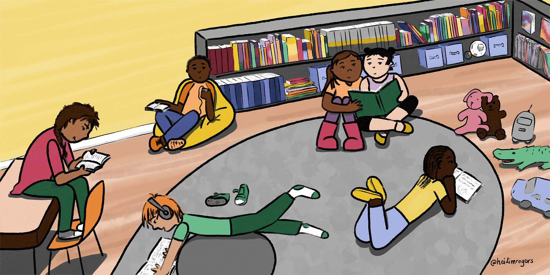 Illustration of an inclusive classroom setting for a picture book.