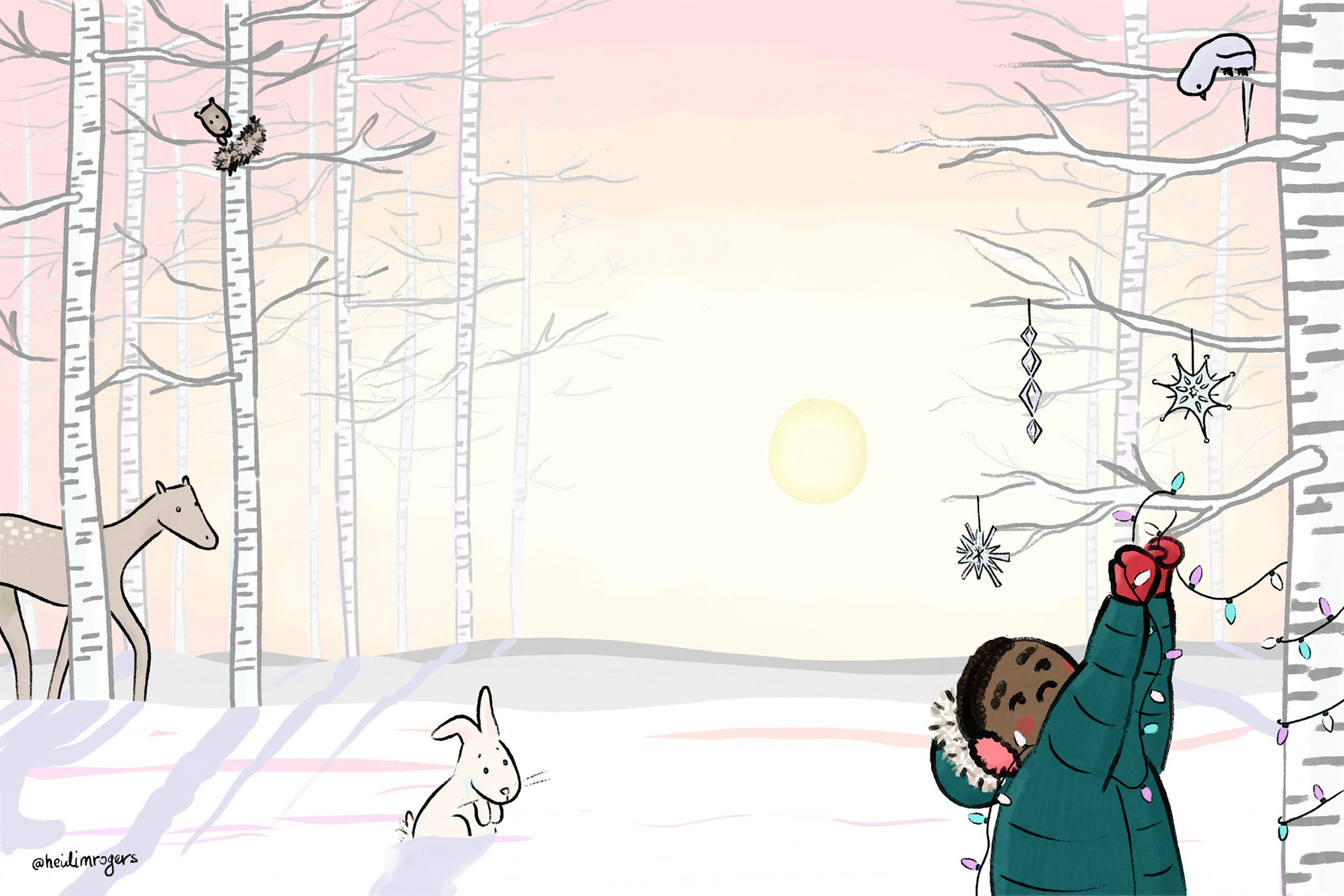 Illustration of a snowy winter scene, featuring a boy hanging festive decorations in the bare forest for the woodland animals.