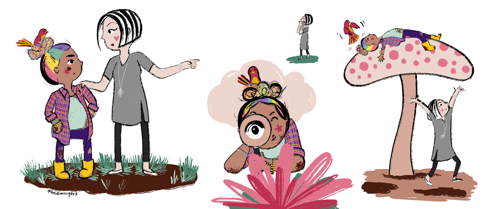 Character sketches for a story about a curious, nature-loving girl and her precise, clean mom