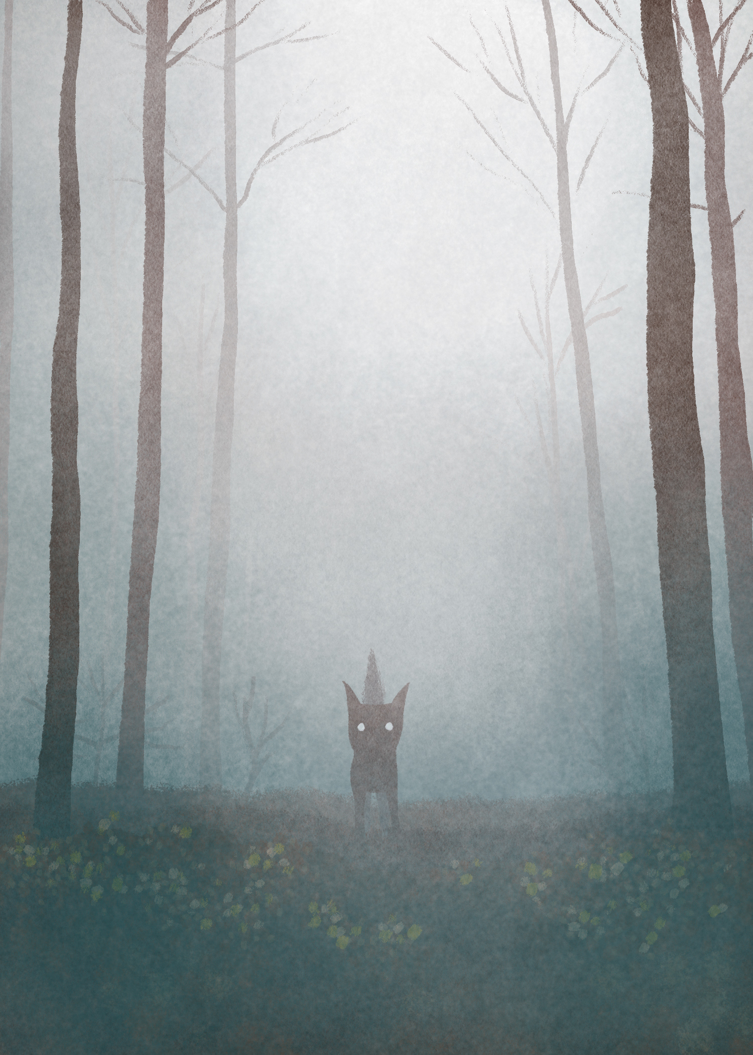 Mock book cover for a middle grade novel, featuring a silhouetted fox with glowing eyes, emerging from a foggy, barren forest