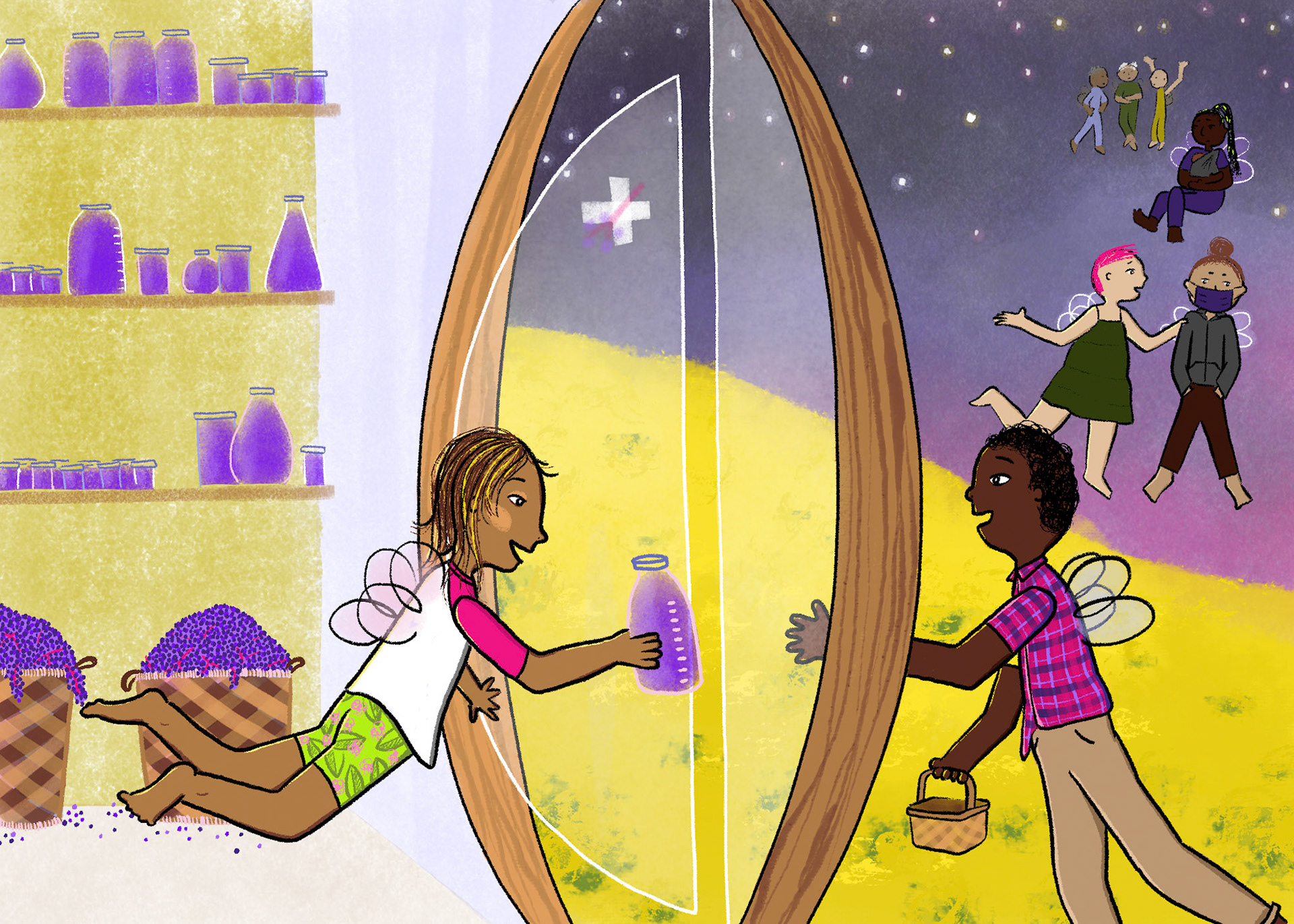 Image 4 in my submission to SCBWI's Narrative Art Award theme "tiny wonders" where the fairy girl distributes medicine to a waiting line of fairies