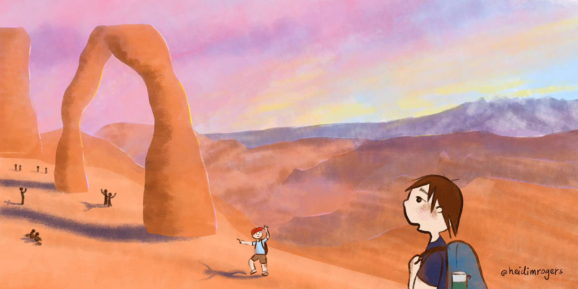 Full spread illustration of Delicate Arch from Arches National Park for a picture book.