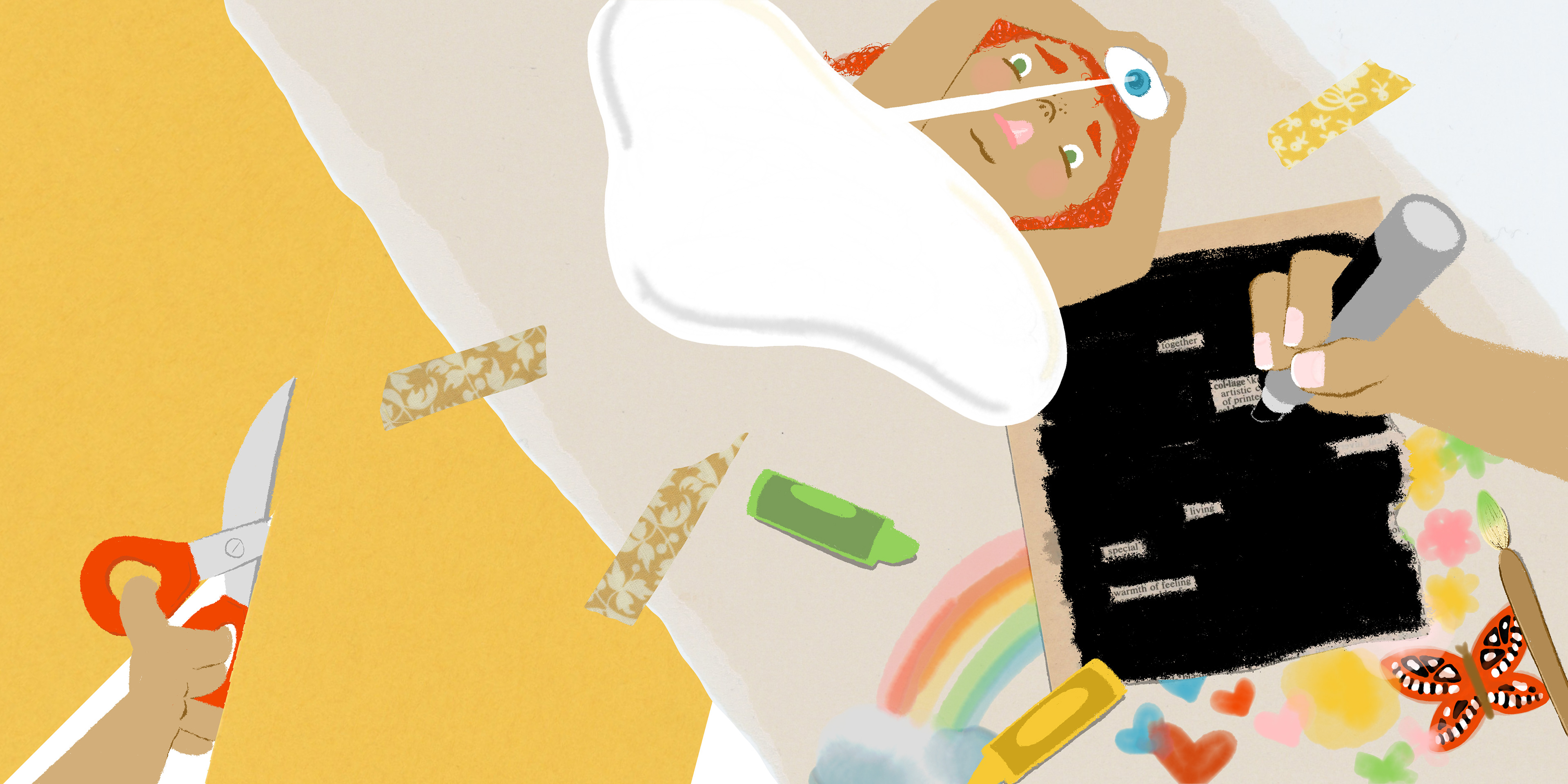 Full spread illustration of a young girl crafting with collage