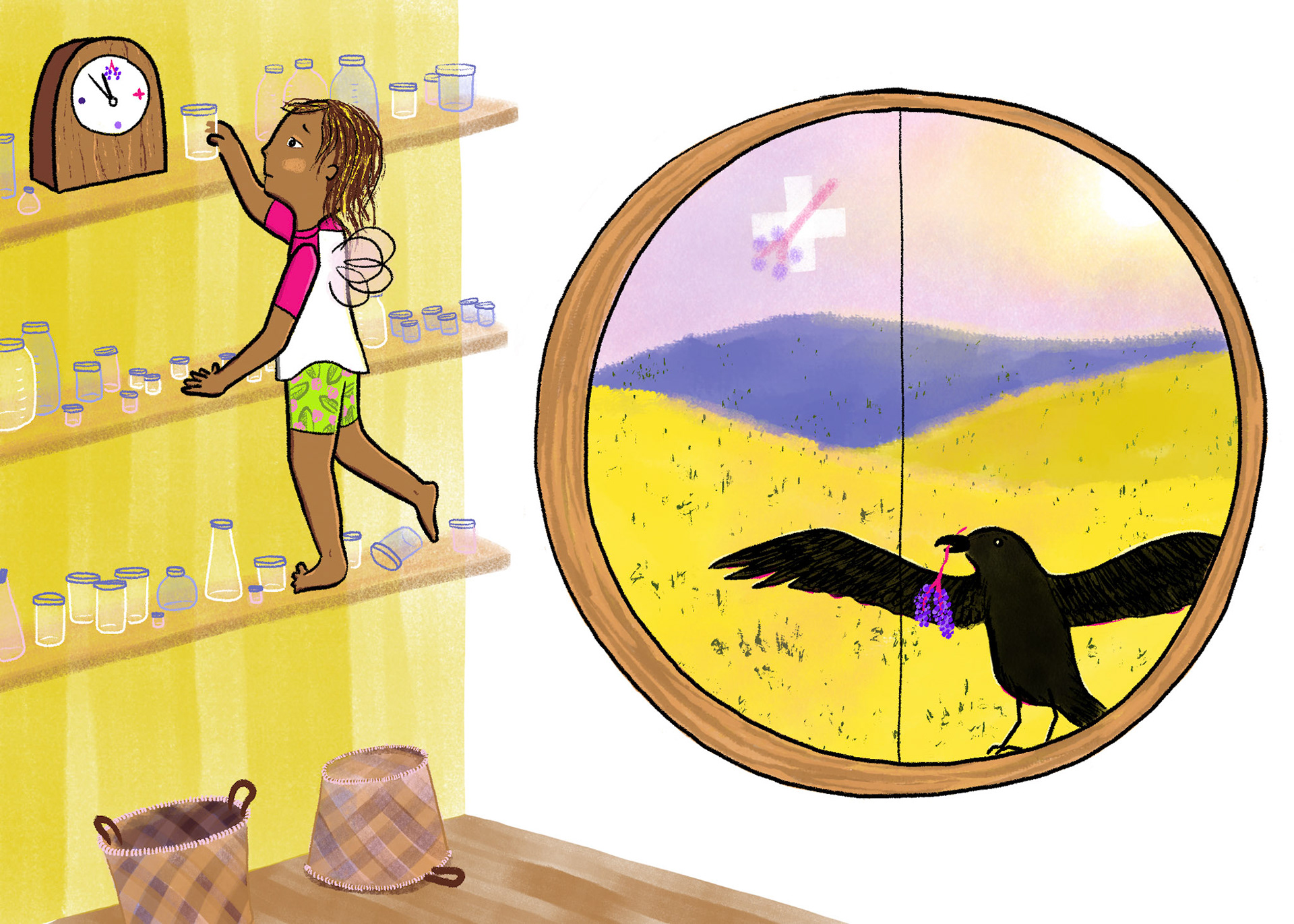 Image 1 in my submission to SCBWI's Narrative Art Award theme "tiny wonders" where a fairy girl looks at her empty jars and a clock that tells her it's almost harvest time, while a crow is at the window with a sprig of berries