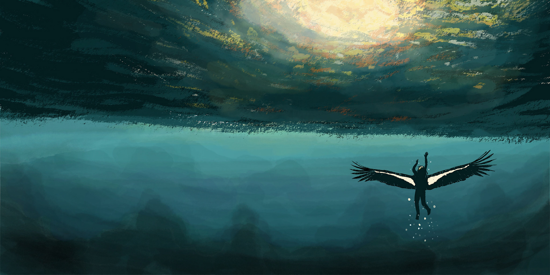 Cover design featuring a winged person stretching toward the surface of the ocean, sunlight filtering through