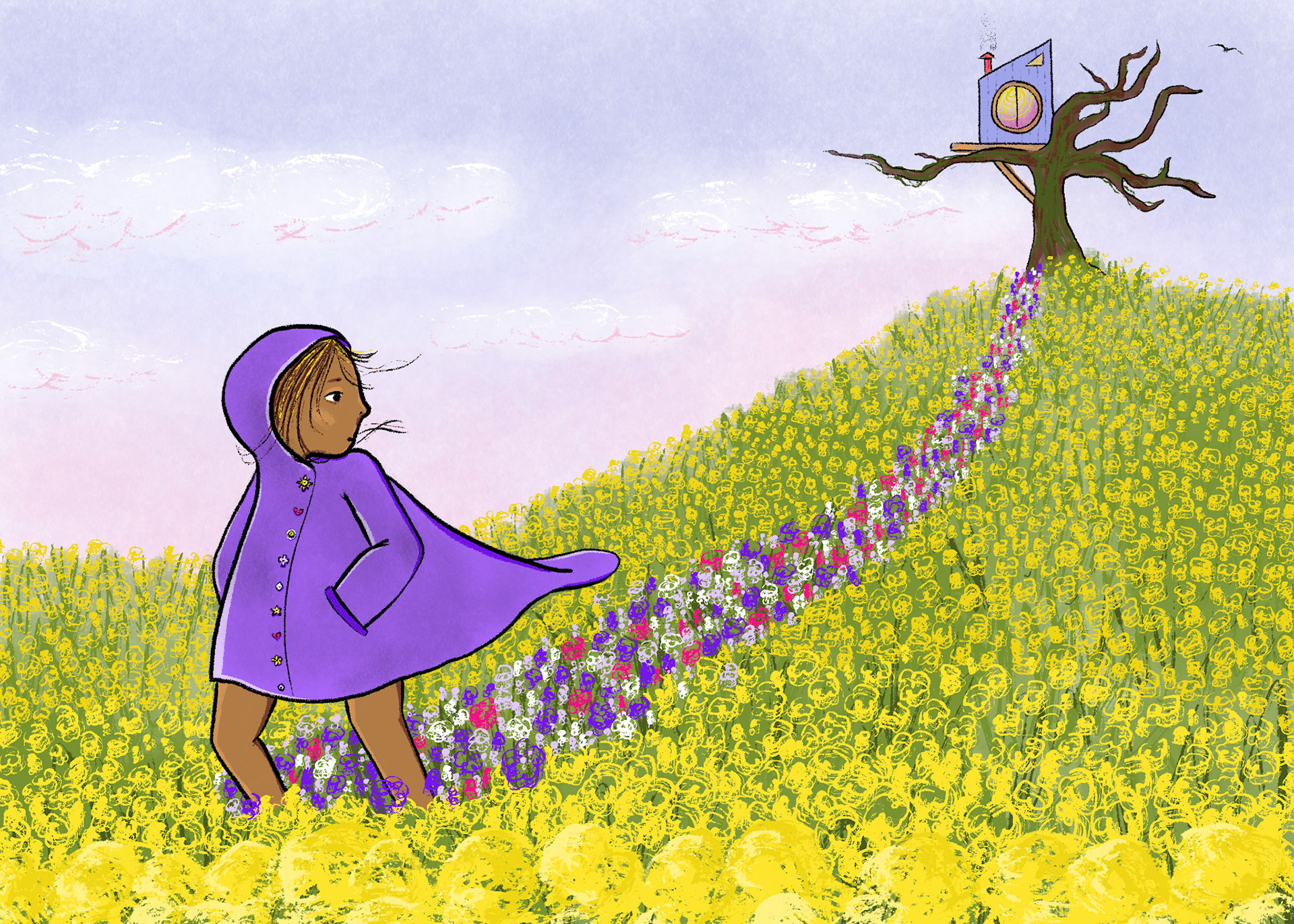 Image 2 in my submission to SCBWI's Narrative Art Award theme "tiny wonders" where the girl leaves her tree house, turning the field of yellow flowers to purple, pink, and white in her wake