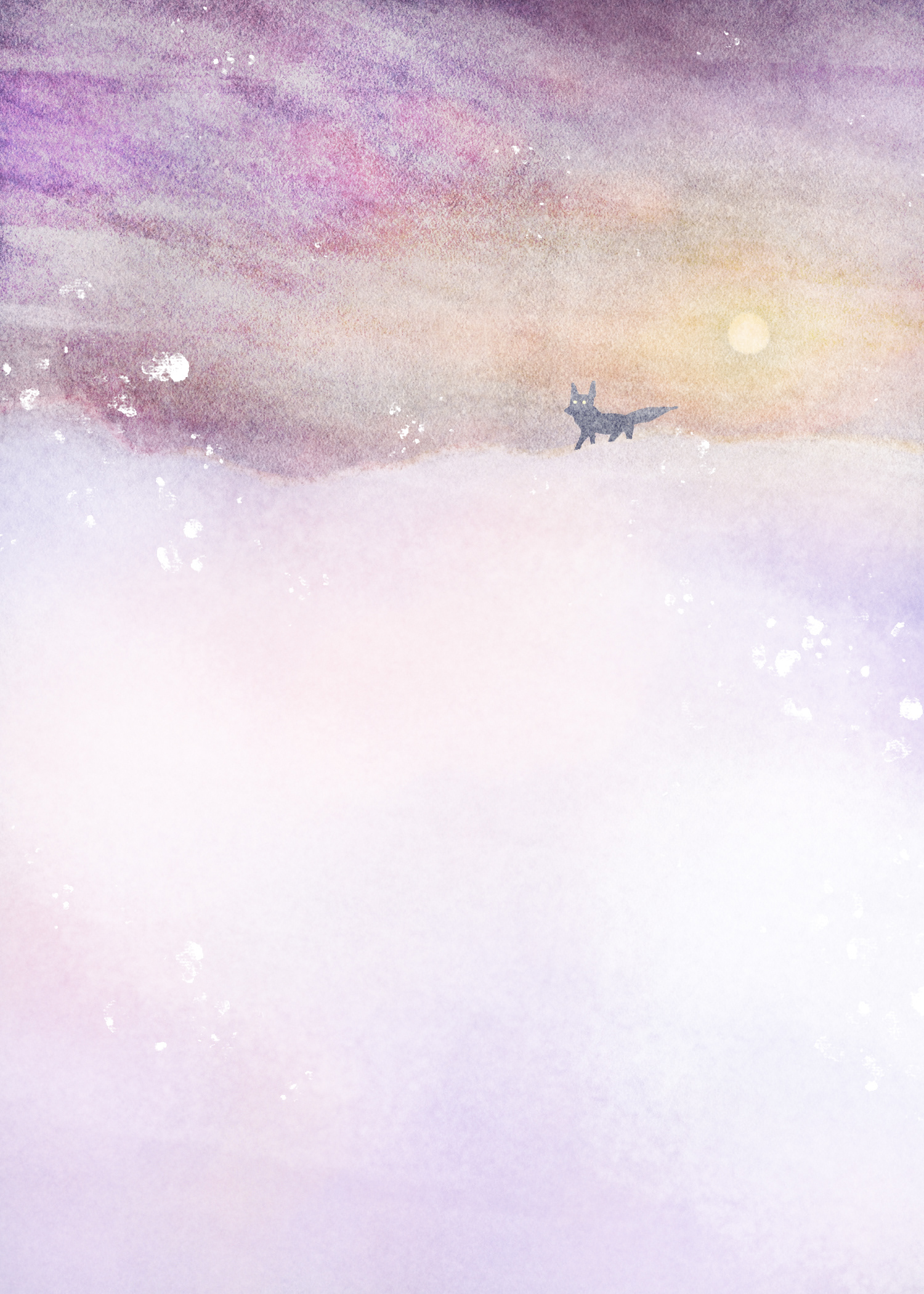 Mock book cover for a middle grade novel, featuring a silhouetted fox cresting a snowbank, eyes glowing, while a snowstorm rages against the sunset