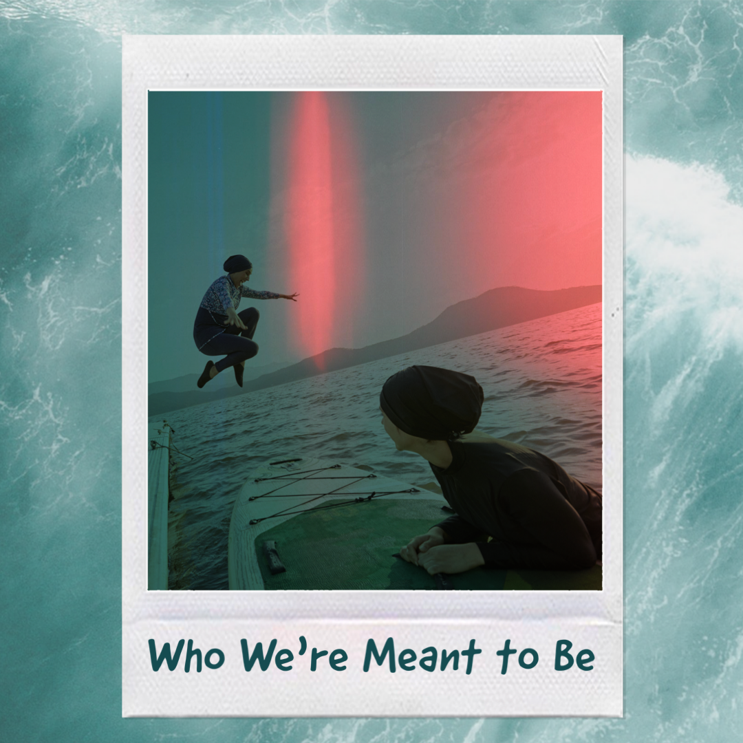 A polaroid photo of two teens swimming and jumping off a dock and paddleboard at a lake, with teal and pink light leaks, on a background of teal water. Text says "Who We're Meant to Be" the title of a sweet summer-time YA romance by Heidi M. Rogers about neurodiversity discovery and self-acceptance.