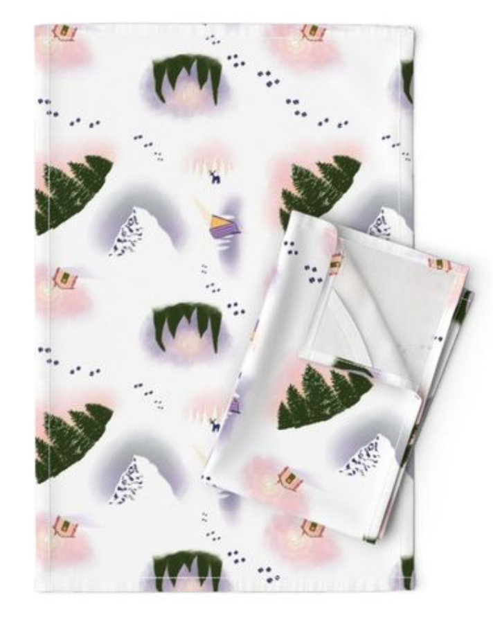 Winter Wonderland (trees, mountain, cabins, deer, snow) Tea Towel