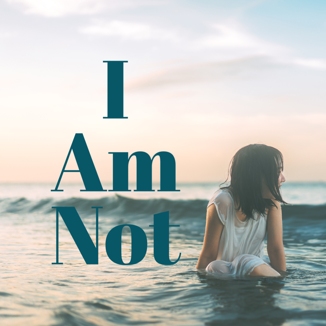 A soft sunset image of a teen girl in shallow waves. Text reads "I AM NOT" the title of a contemporary YA by Heidi M. Rogers set in a small California beach town with a new boy-next-door.