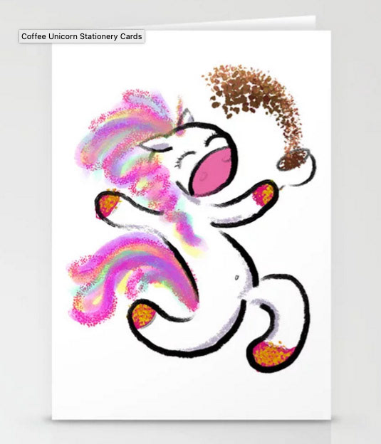 Dancing unicorn splashing cup of coffee